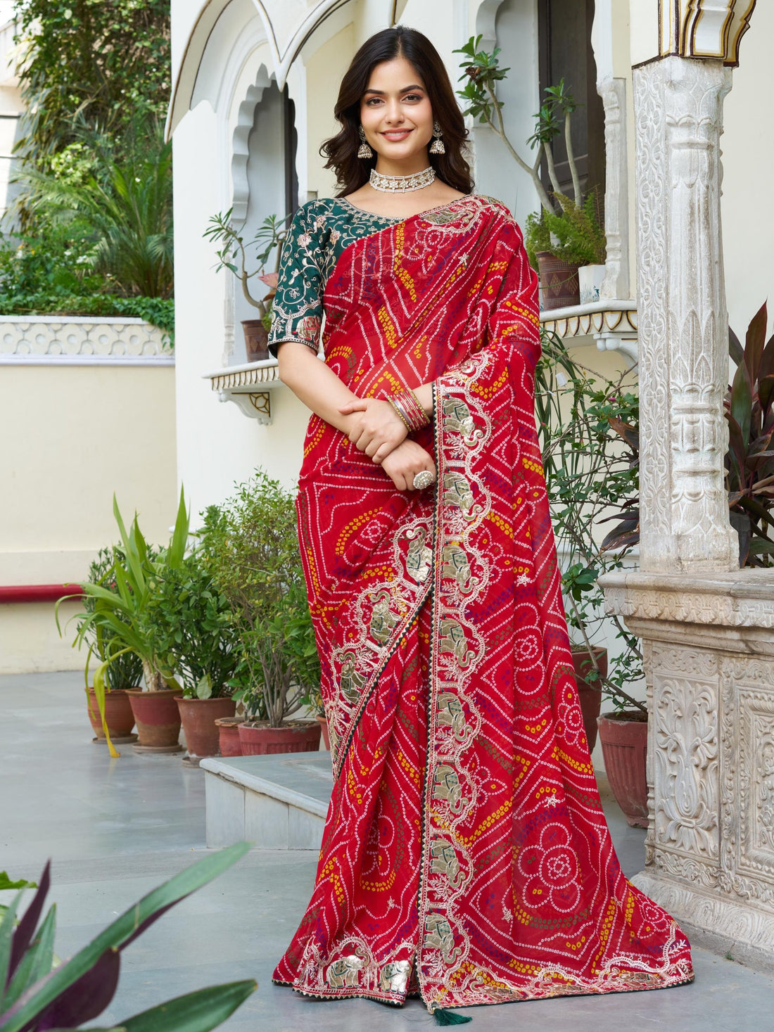 Fabulous Red Bandhni Printed Georgette Wedding Wear Saree With Blouse