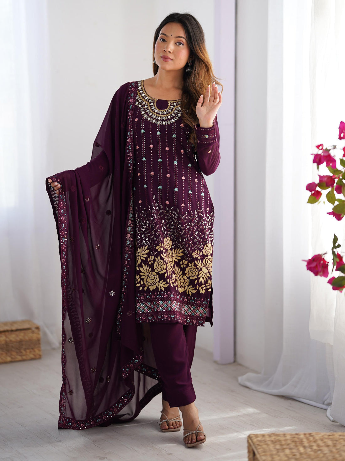 Bewitching Wine Georgette Thread Work Festive Wear Pant Suit With Dupatta