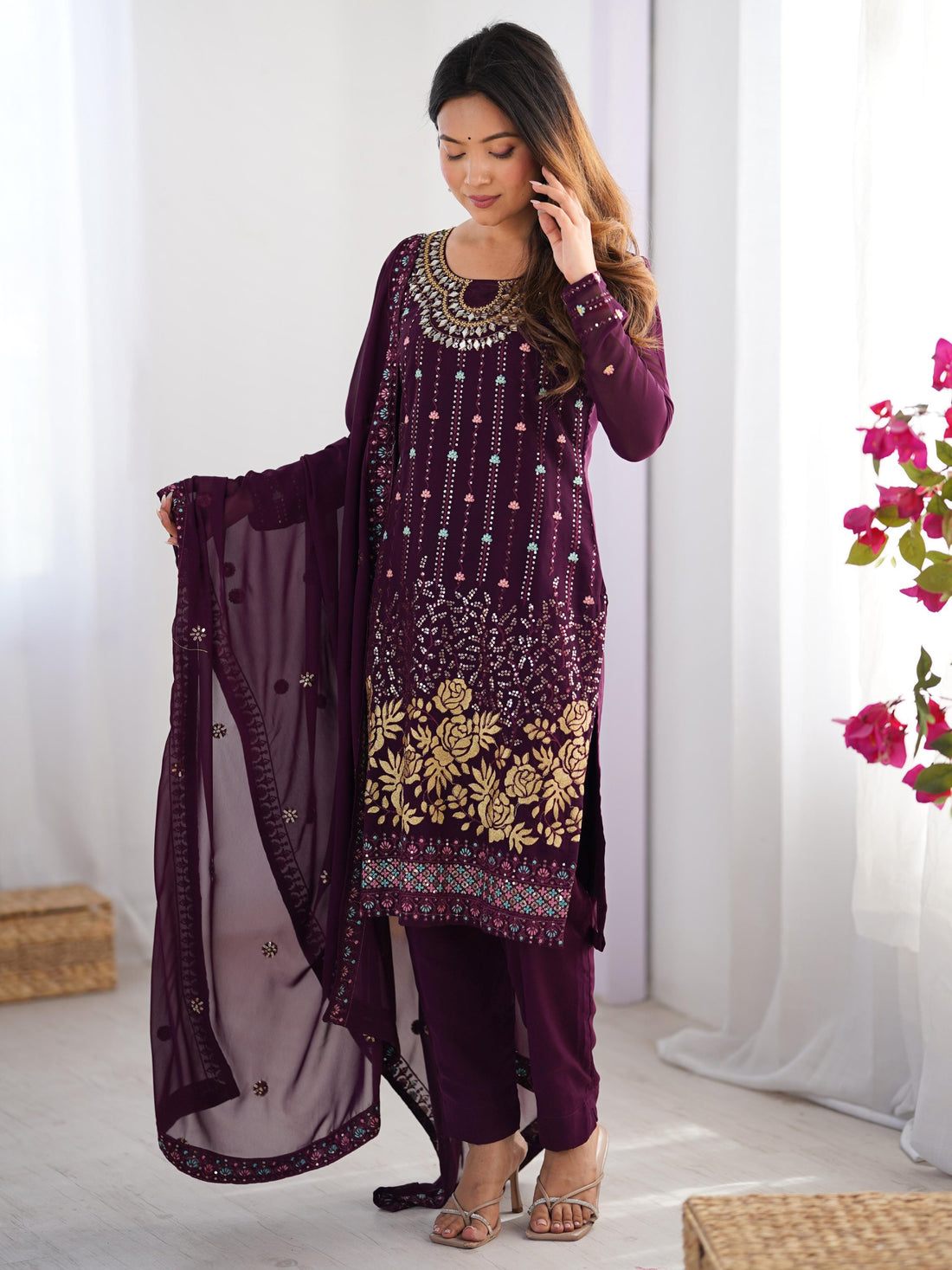 Bewitching Wine Georgette Thread Work Festive Wear Pant Suit With Dupatta