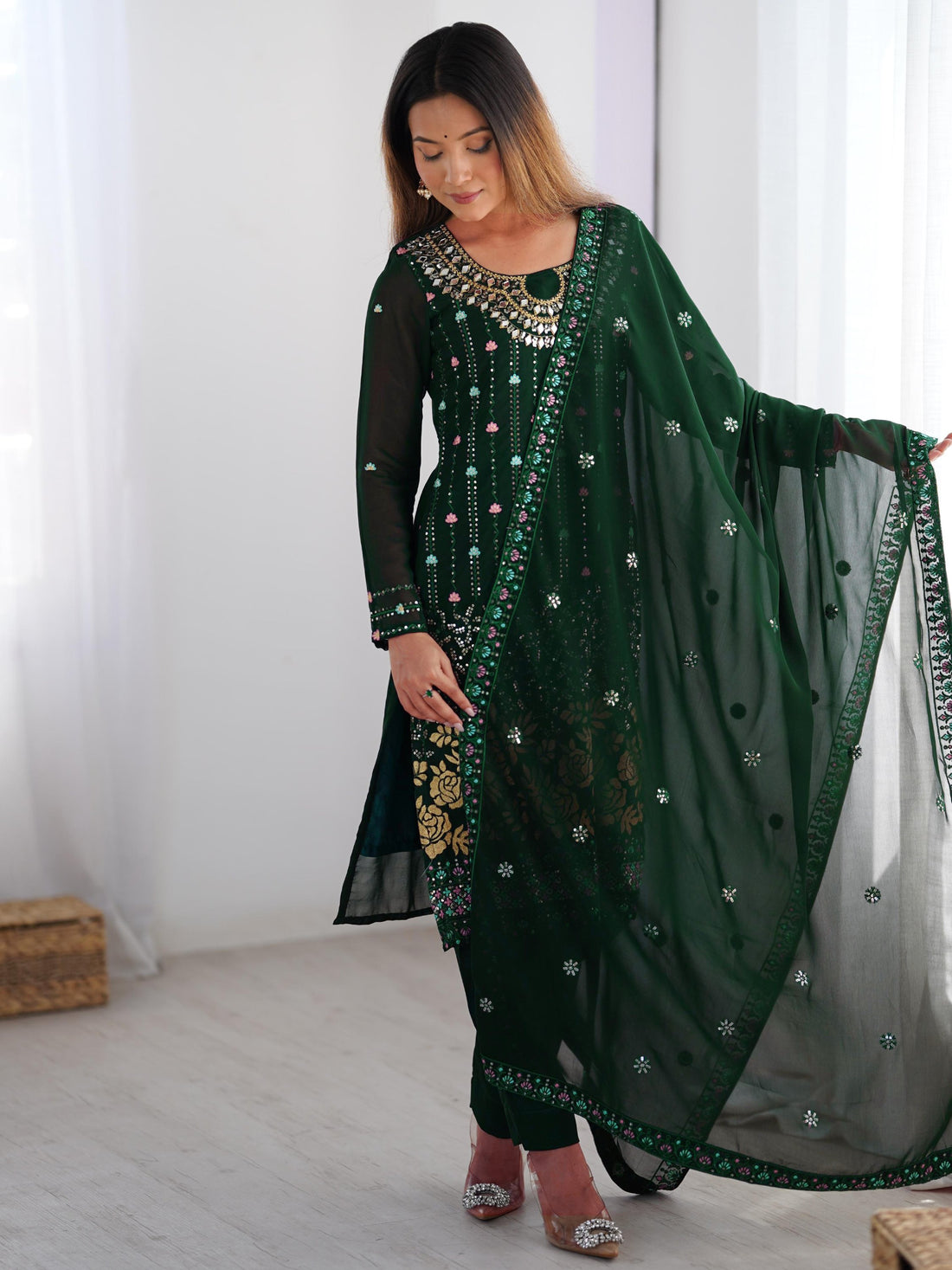 Enchanting Bottle Green Georgette Thread Work Mehendi Wear Pant Suit
