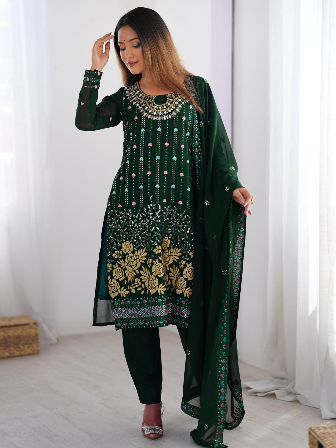 Enchanting Bottle Green Georgette Thread Work Mehendi Wear Pant Suit