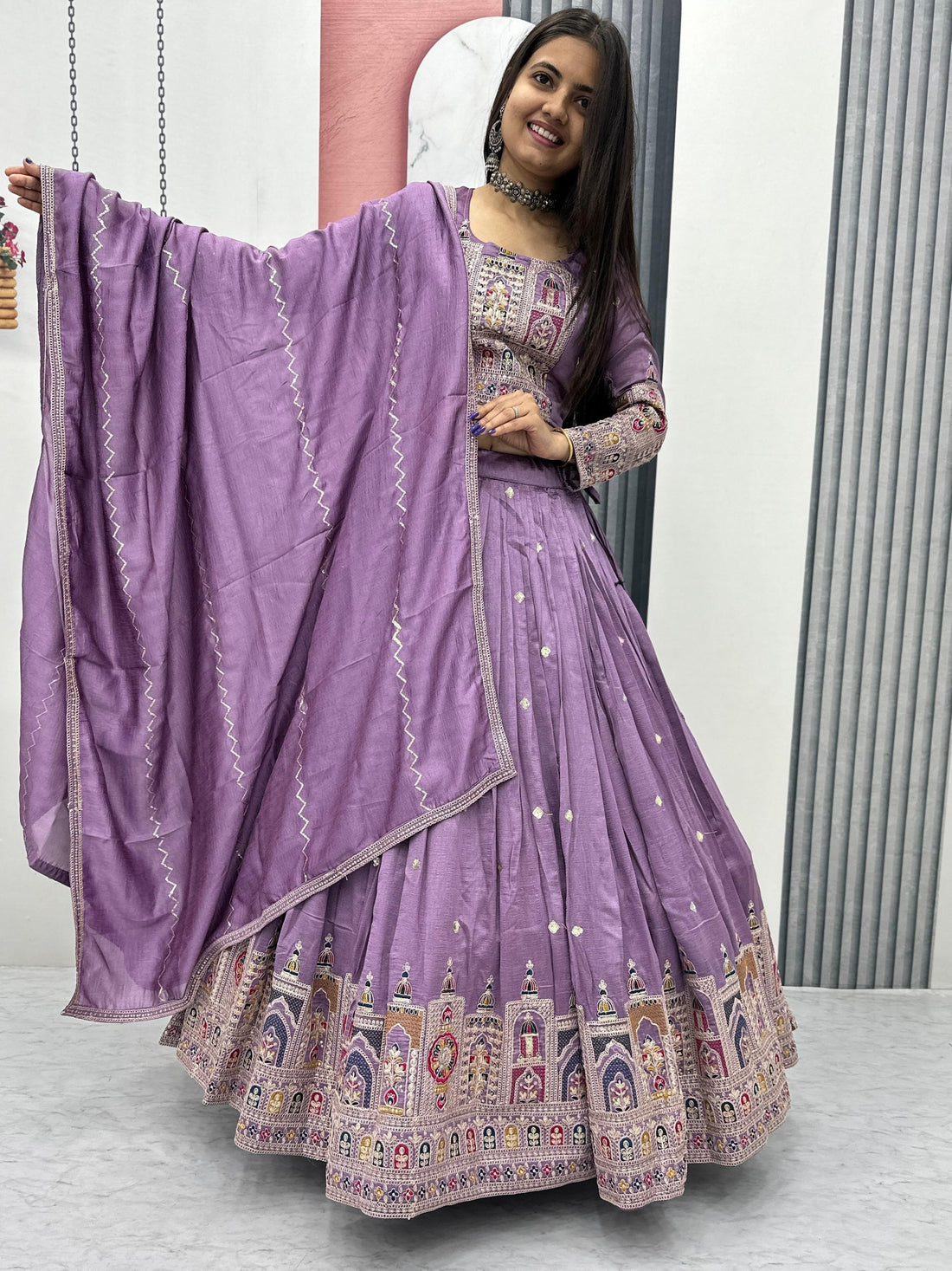 Mesmerizing Lavender Thread Work Vichitra Silk Wedding Wear Lehenga Choli