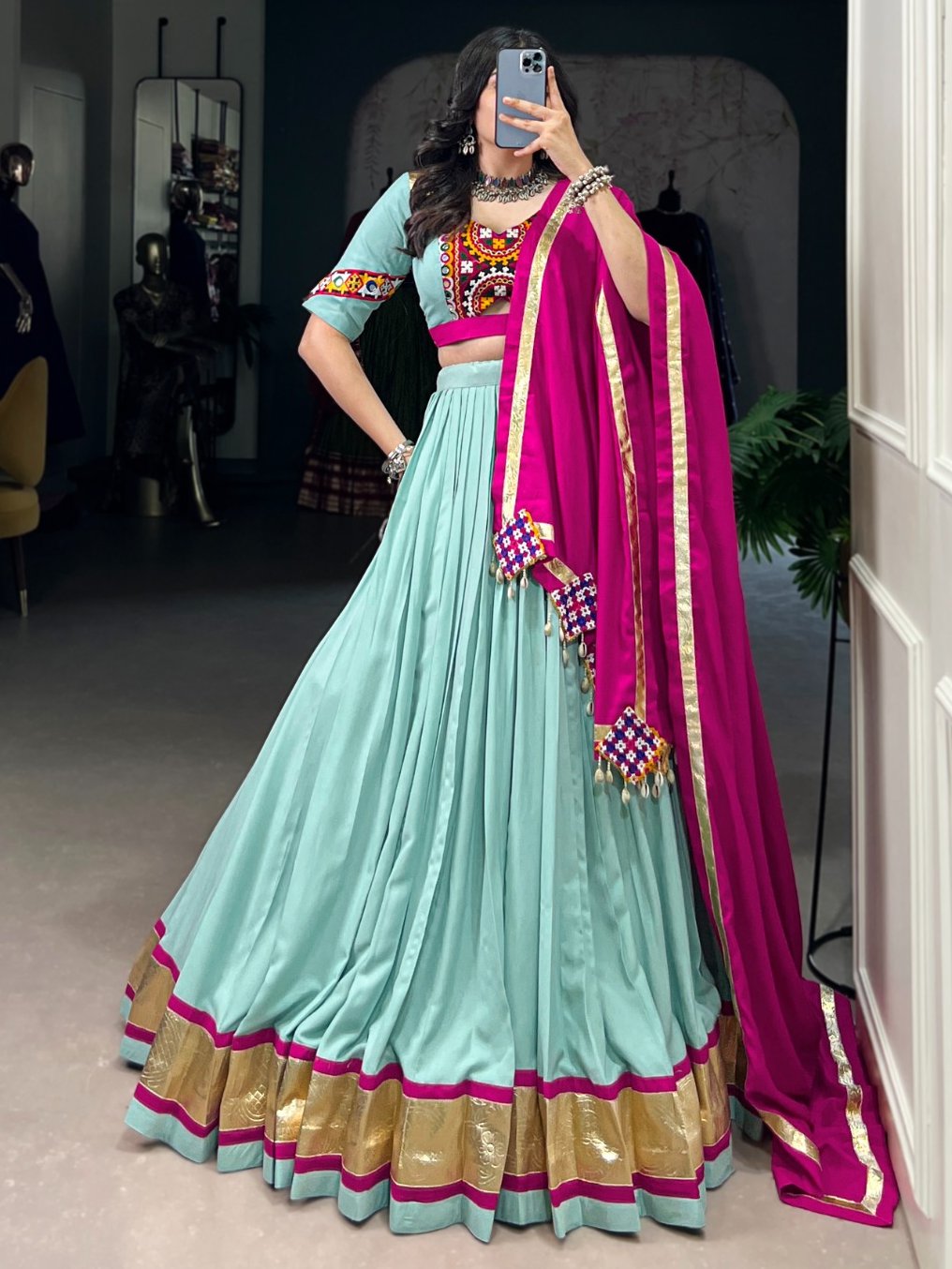 Lovely Sky Blue Rayon Festive Wear Lehenga With Gamthi Work Blouse