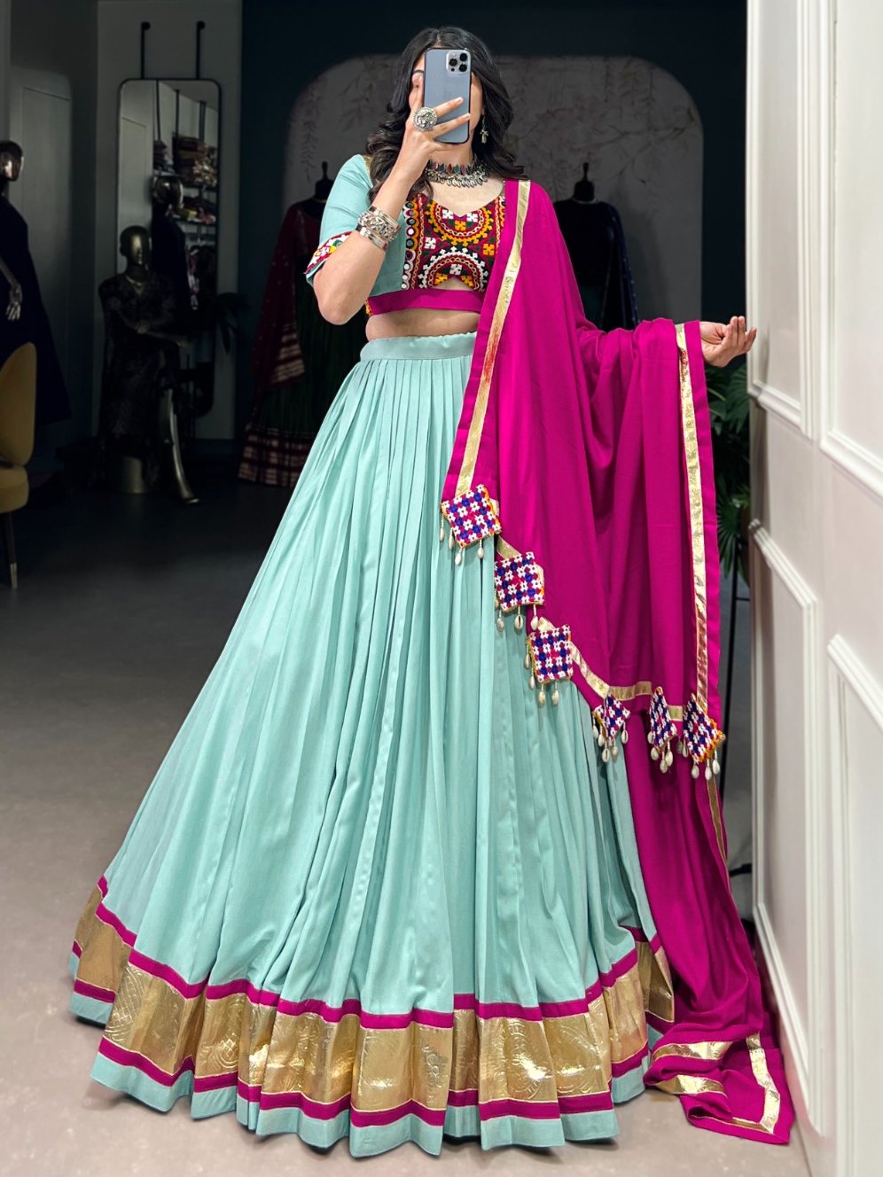Lovely Sky Blue Rayon Festive Wear Lehenga With Gamthi Work Blouse