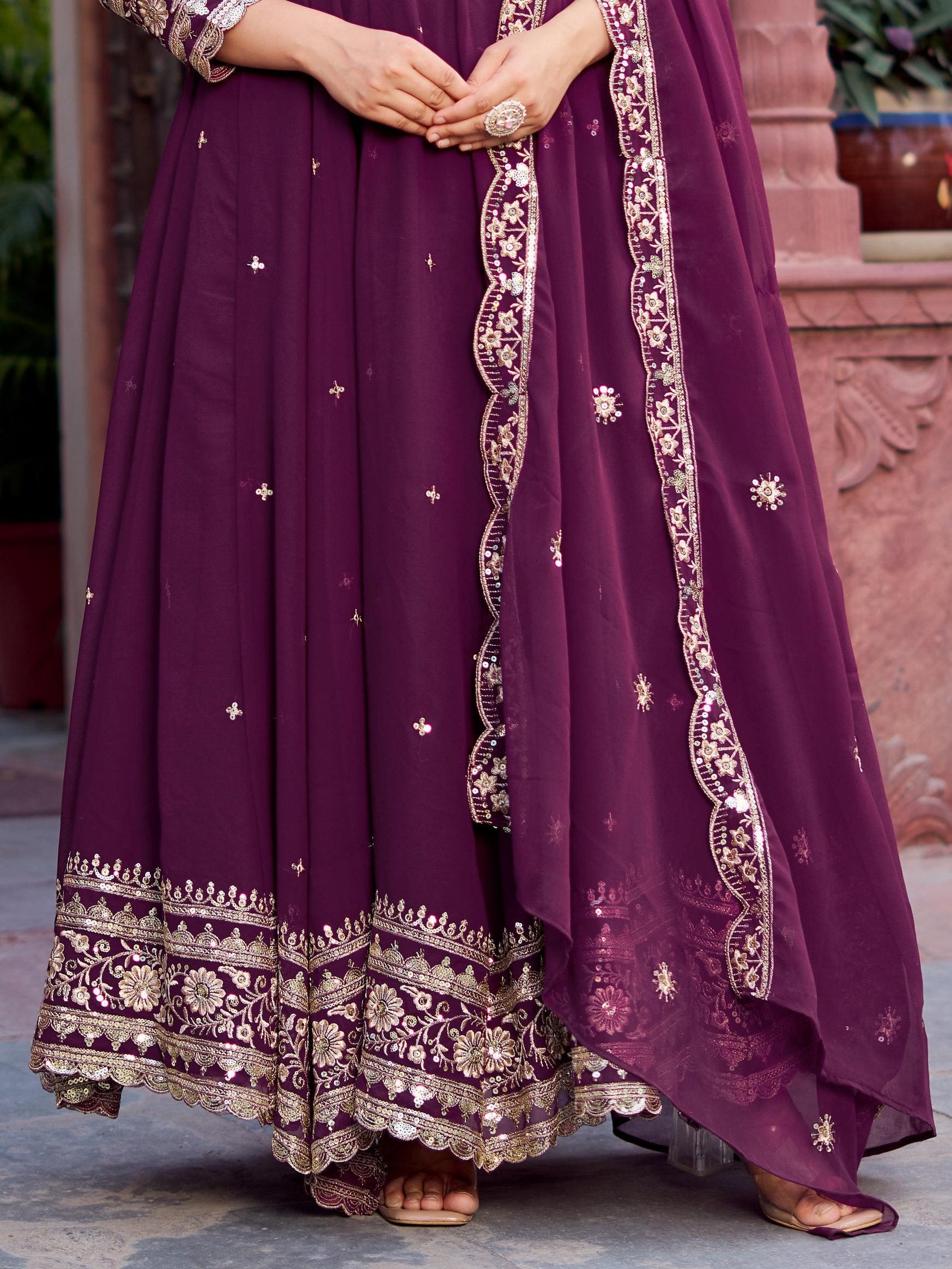Eye-Catching Wine Sequins Georgette Wedding Gown With Dupatta