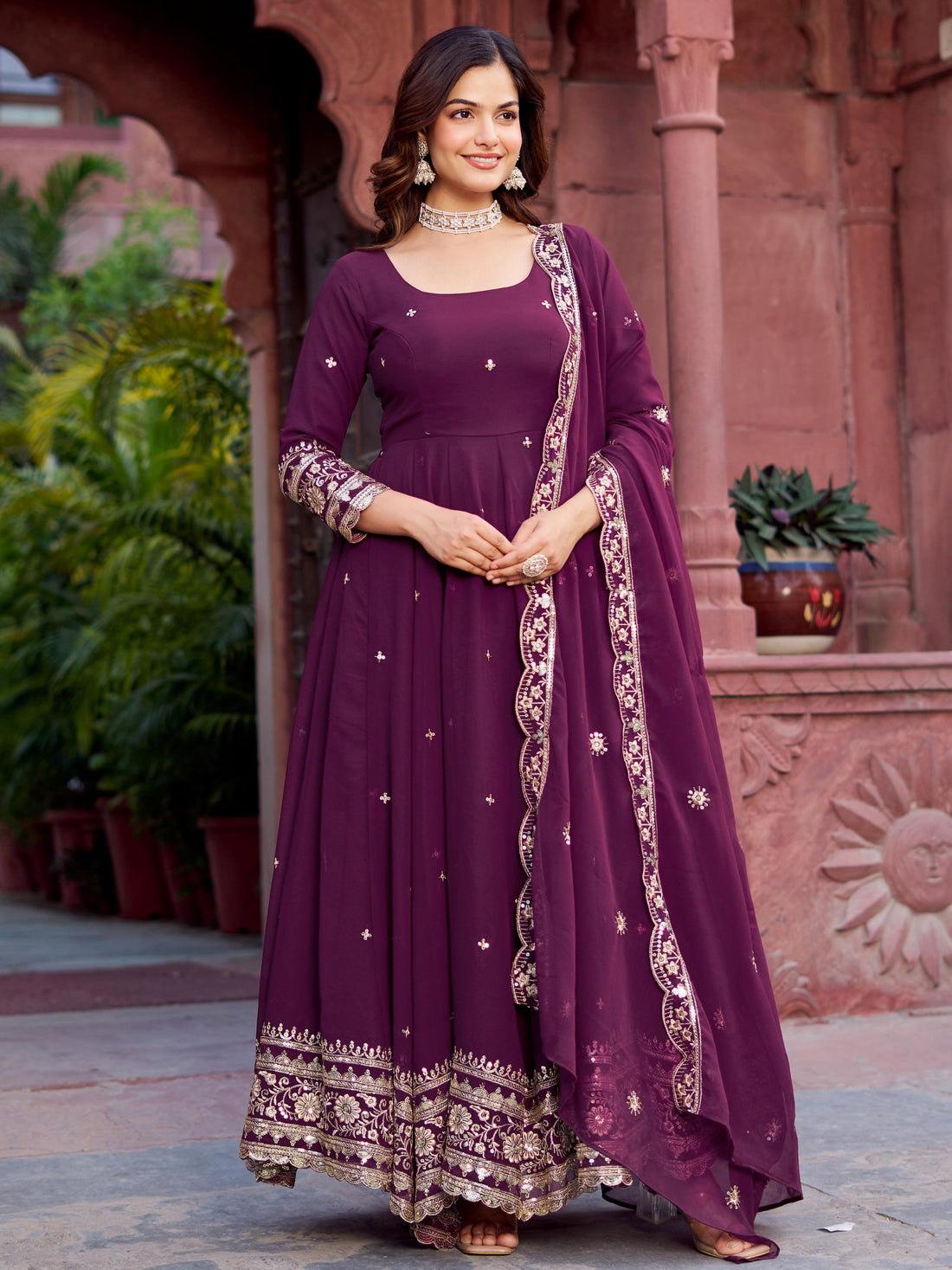 Eye-Catching Wine Sequins Georgette Wedding Gown With Dupatta