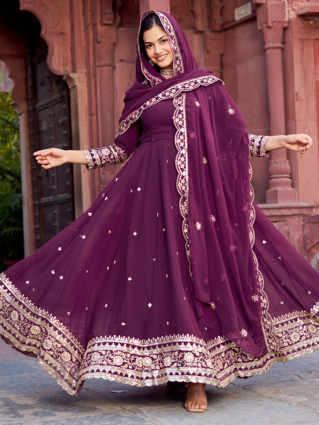 Eye-Catching Wine Sequins Georgette Wedding Gown With Dupatta