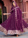 Eye-Catching Wine Sequins Georgette Wedding Gown With Dupatta