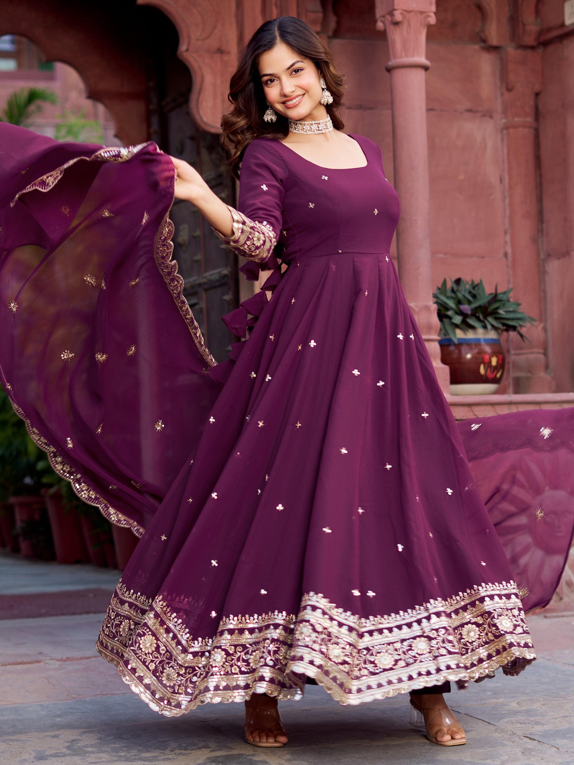 Eye-Catching Wine Sequins Georgette Wedding Gown With Dupatta