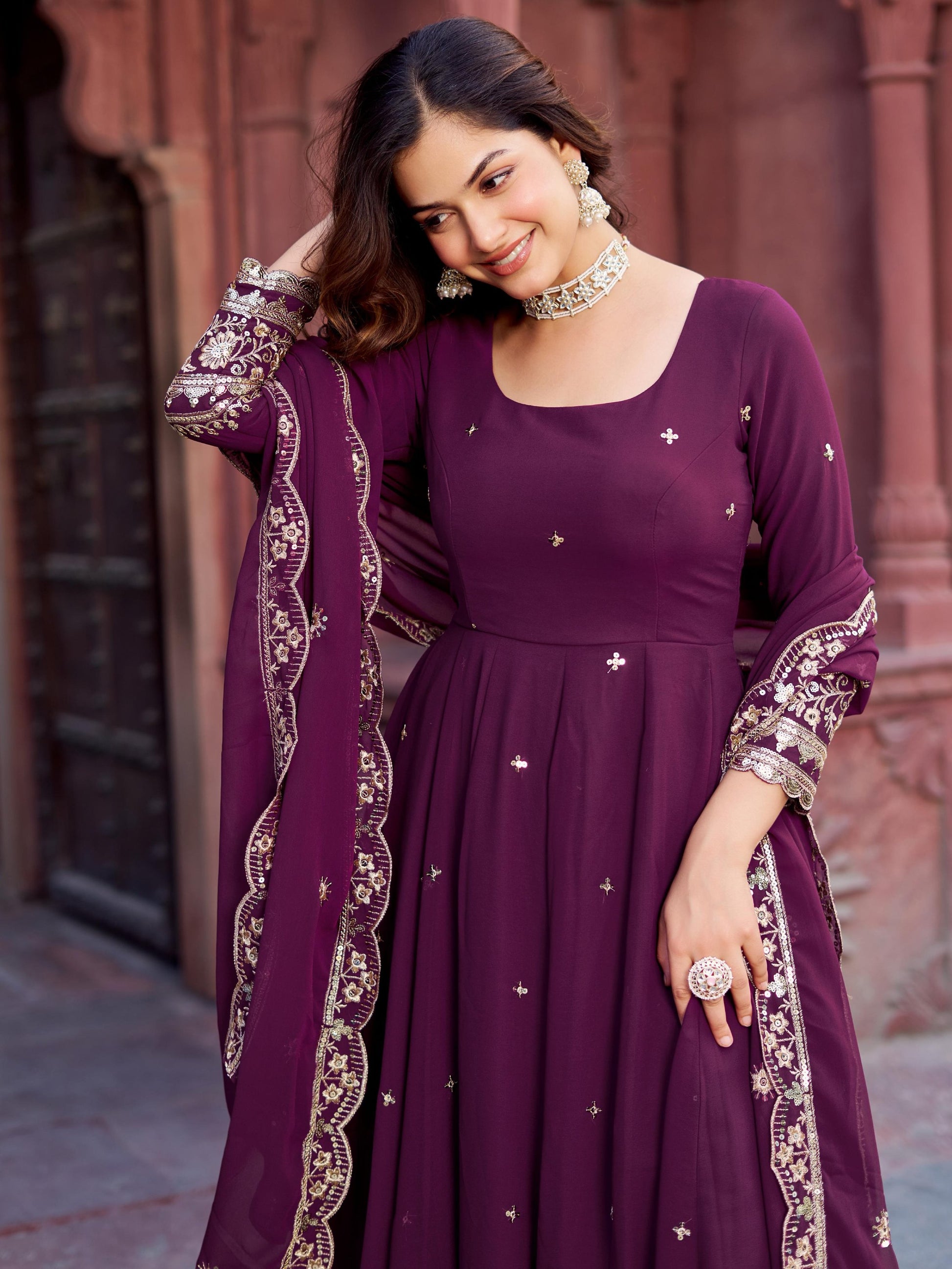 Eye-Catching Wine Sequins Georgette Wedding Gown With Dupatta