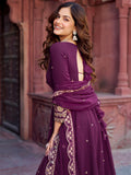 Eye-Catching Wine Sequins Georgette Wedding Gown With Dupatta