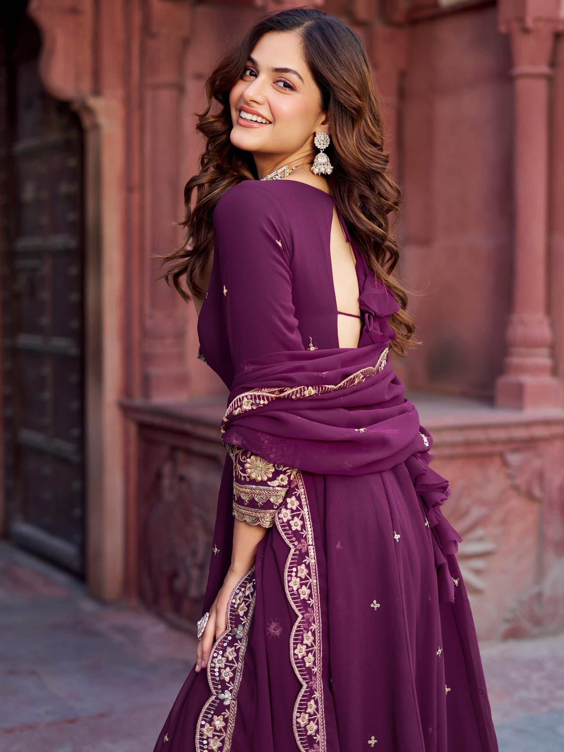 Eye-Catching Wine Sequins Georgette Wedding Gown With Dupatta