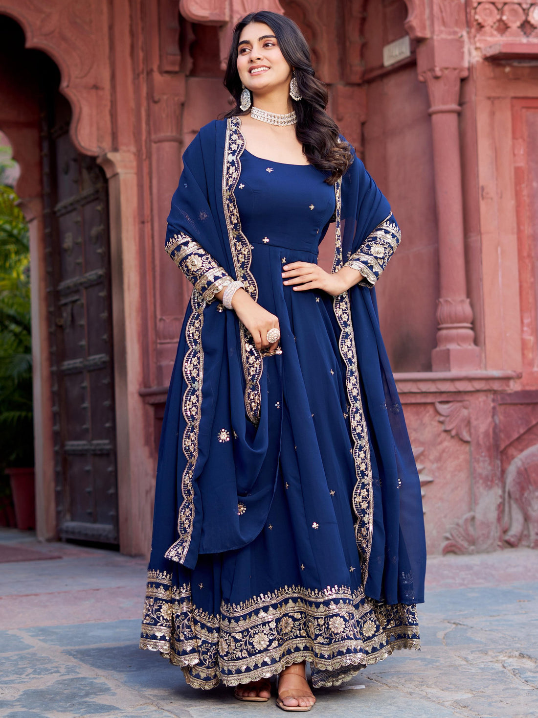 Lovable Navy Blue Sequins Georgette Festive Wear Gown With Dupatta