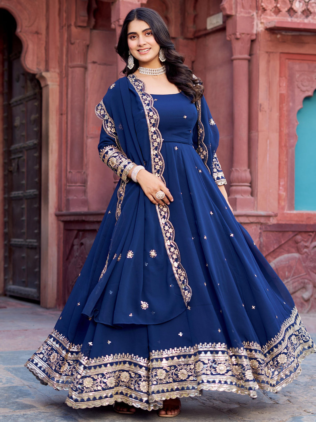 Lovable Navy Blue Sequins Georgette Festive Wear Gown With Dupatta