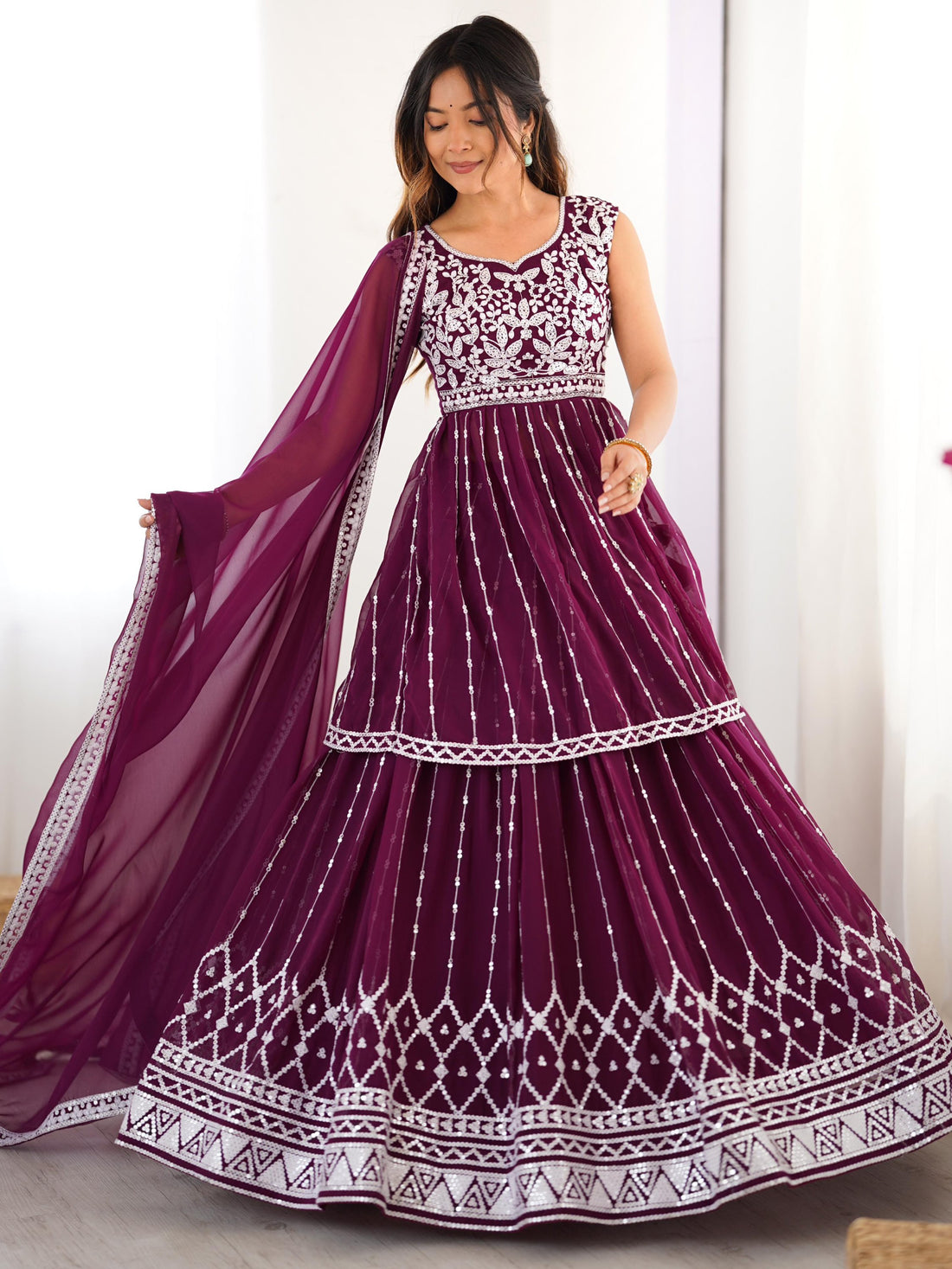 Charming Wine Sequins Georgette Wedding Wear Peplum Top With Lehenga