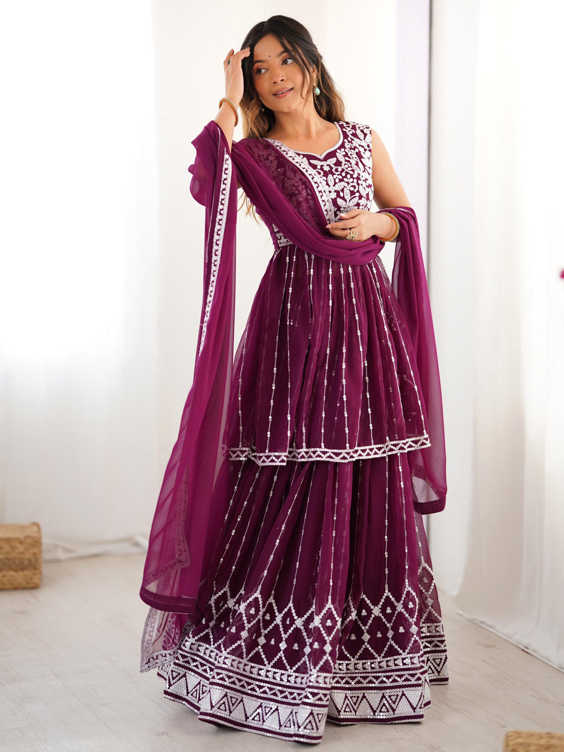 Charming Wine Sequins Georgette Wedding Wear Peplum Top With Lehenga