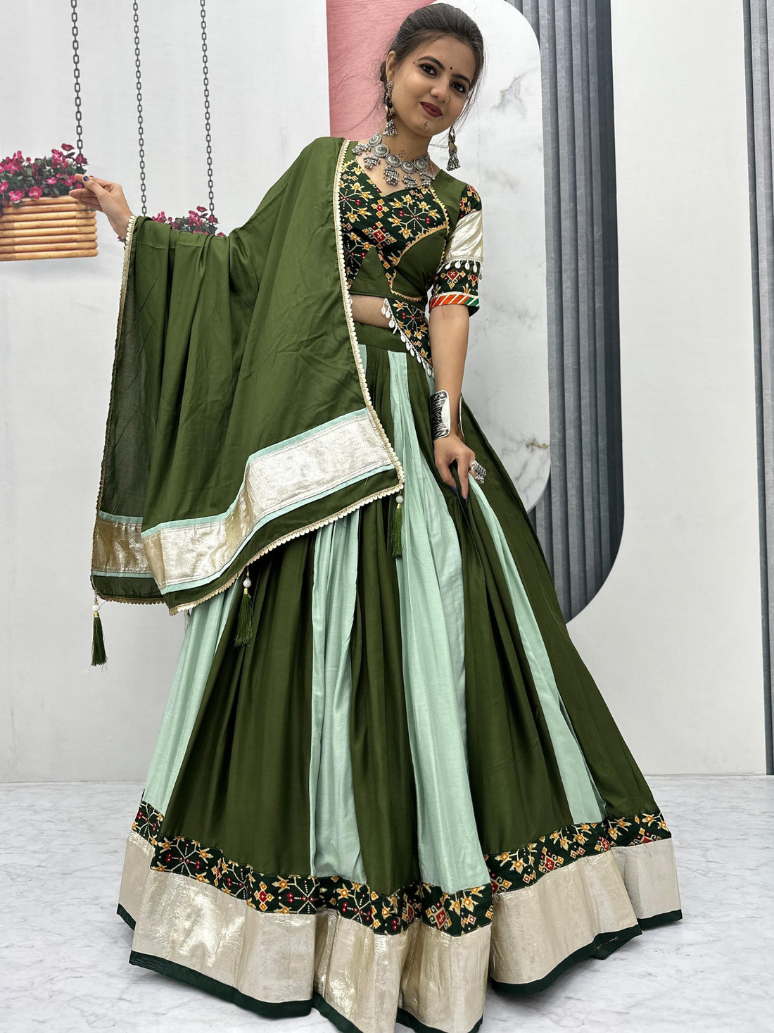 Elevated Green Lace Border Cotton Festive Wear Lehenga Choli With Dupatta