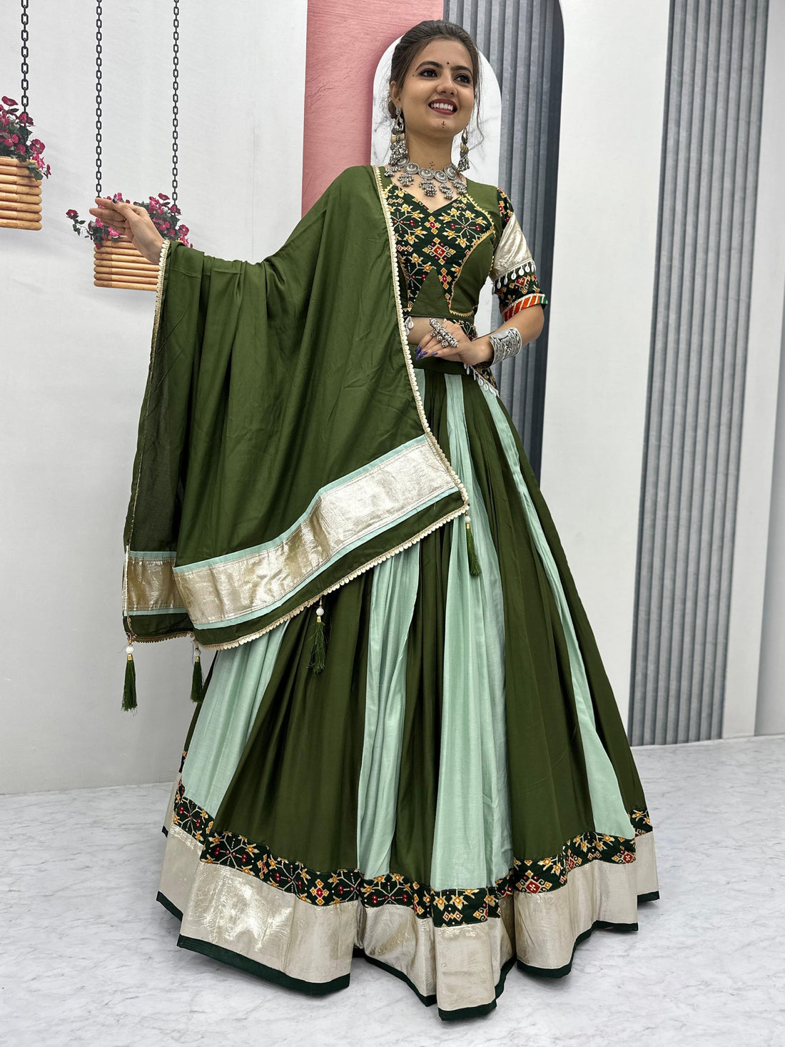 Elevated Green Lace Border Cotton Festive Wear Lehenga Choli With Dupatta