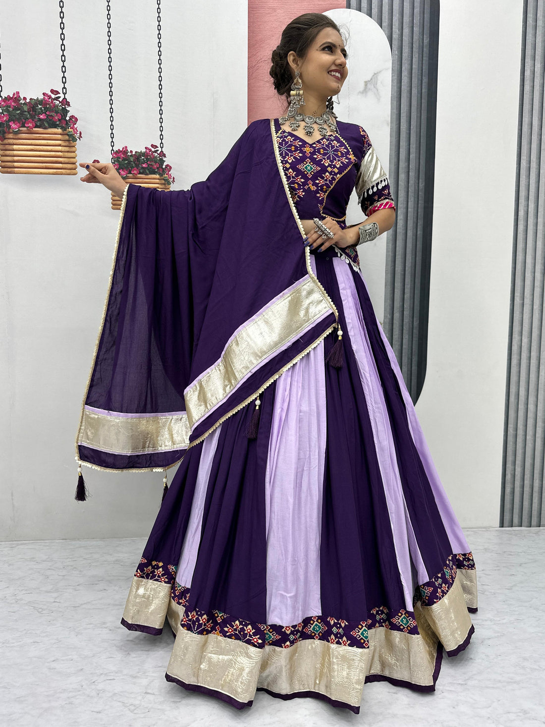 Timeless Purple Lace Border Cotton Navratri Wear Lehenga Choli With Dupatta