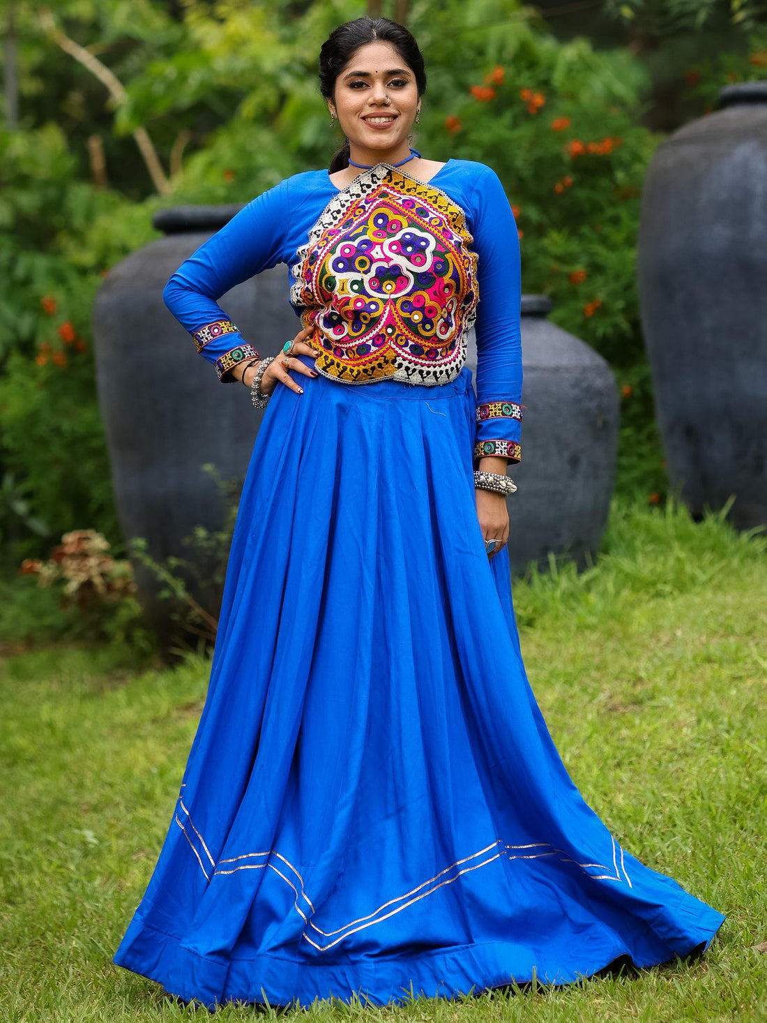 Lovable Royal Blue Rayon Navratri Special Lehenga With Patch Work Blouse