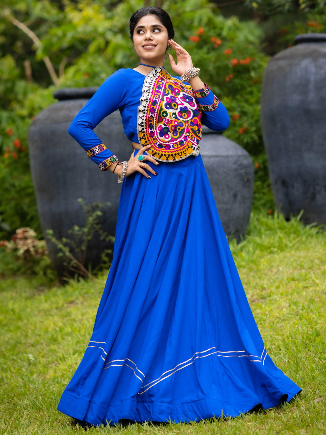 Lovable Royal Blue Rayon Navratri Special Lehenga With Patch Work Blouse