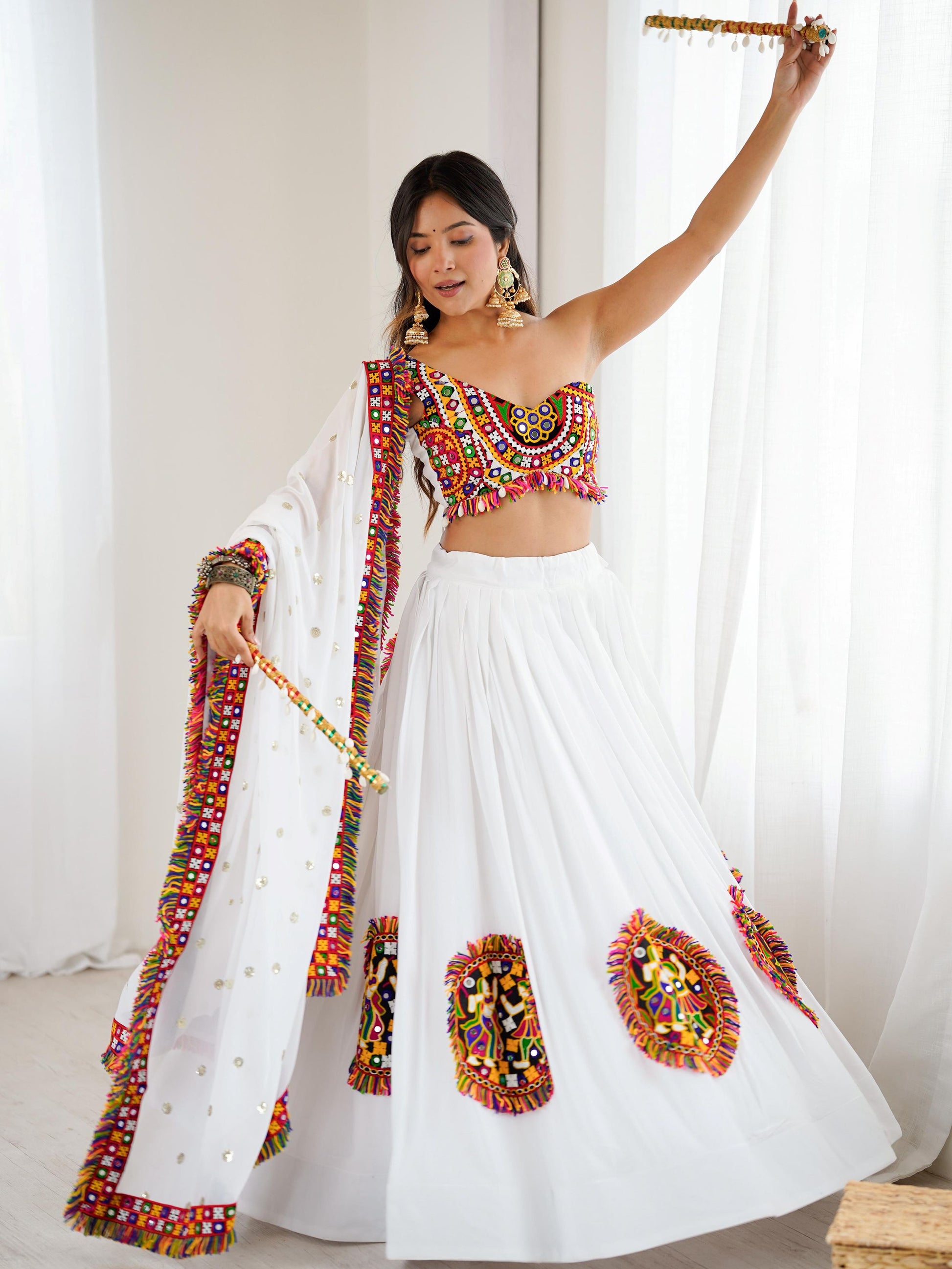 Pleasant White Gamthi Work Rayon Traditional Lehenga Choli With Dupatta