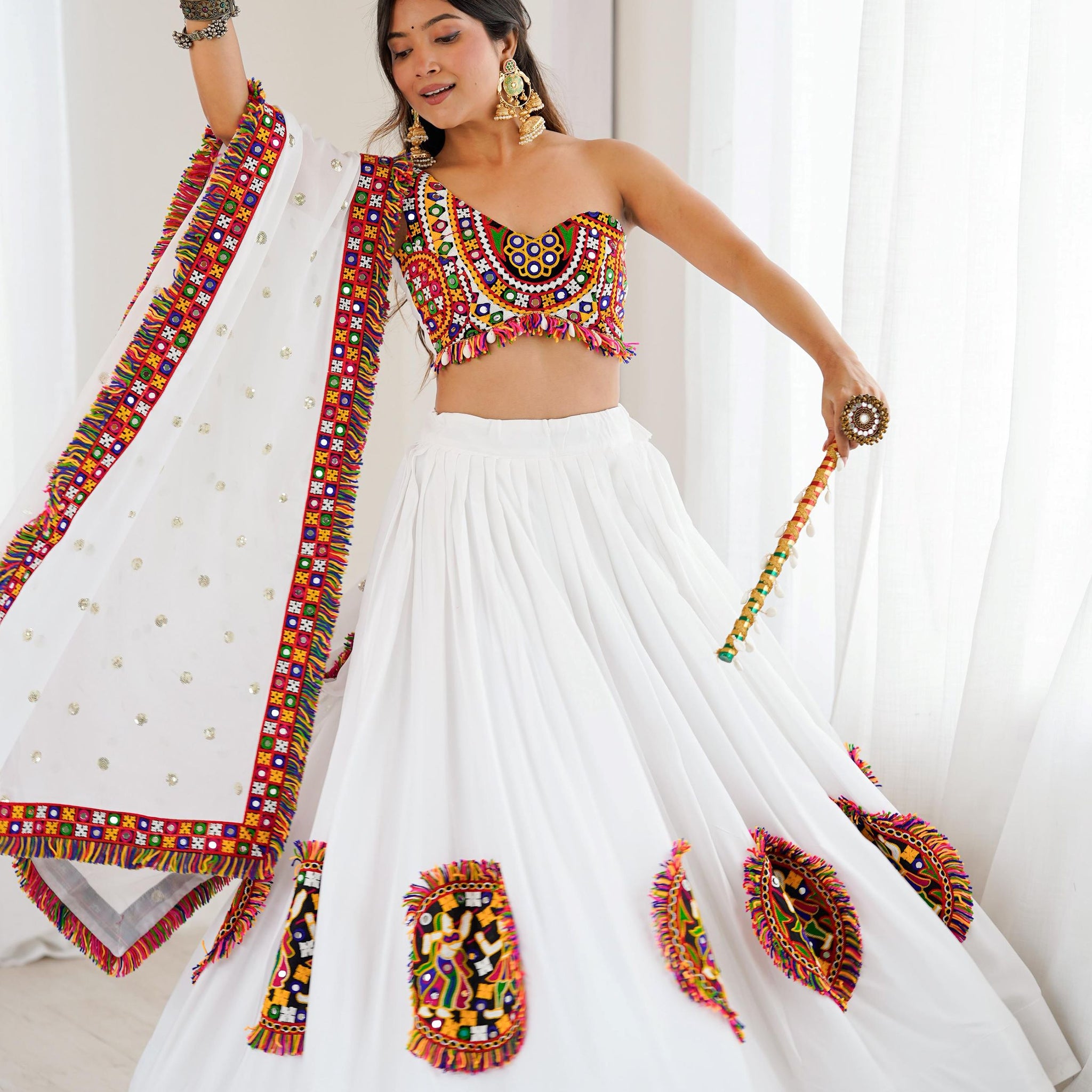 Pleasant White Gamthi Work Rayon Traditional Lehenga Choli With Dupatta