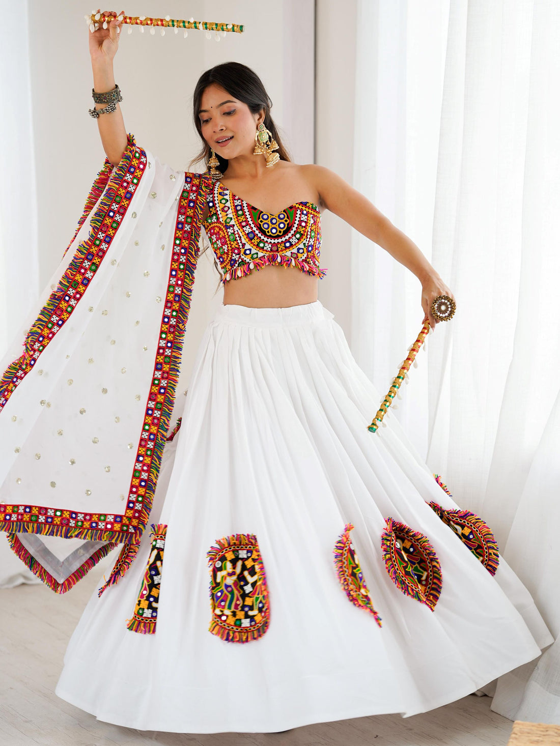 Pleasant White Gamthi Work Rayon Traditional Lehenga Choli With Dupatta