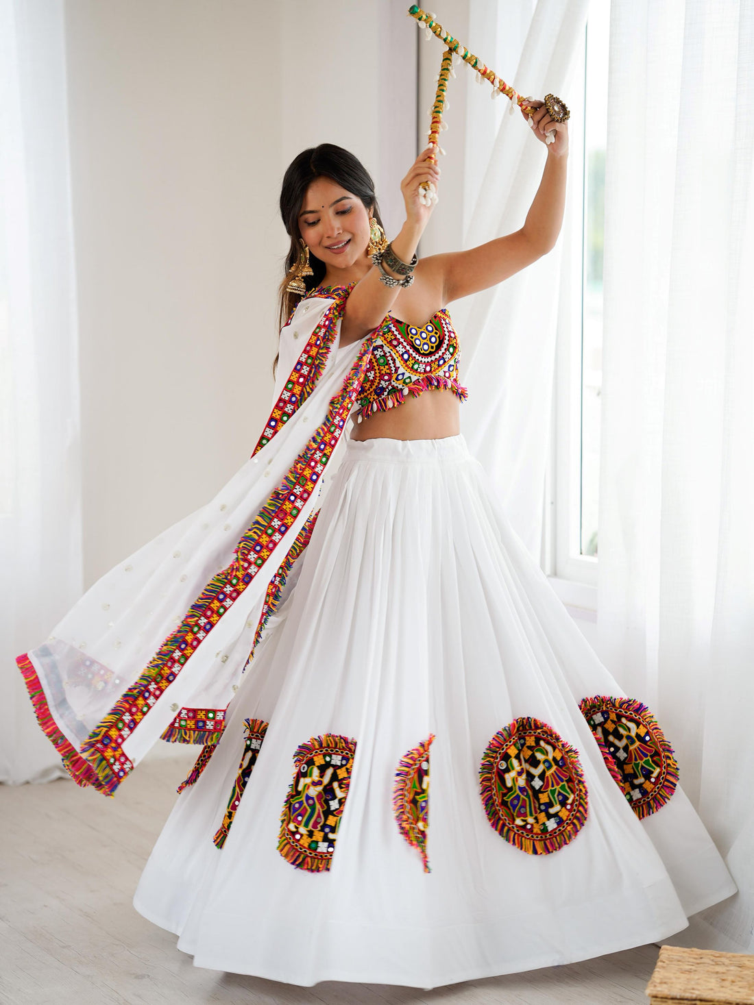 Pleasant White Gamthi Work Rayon Traditional Lehenga Choli With Dupatta