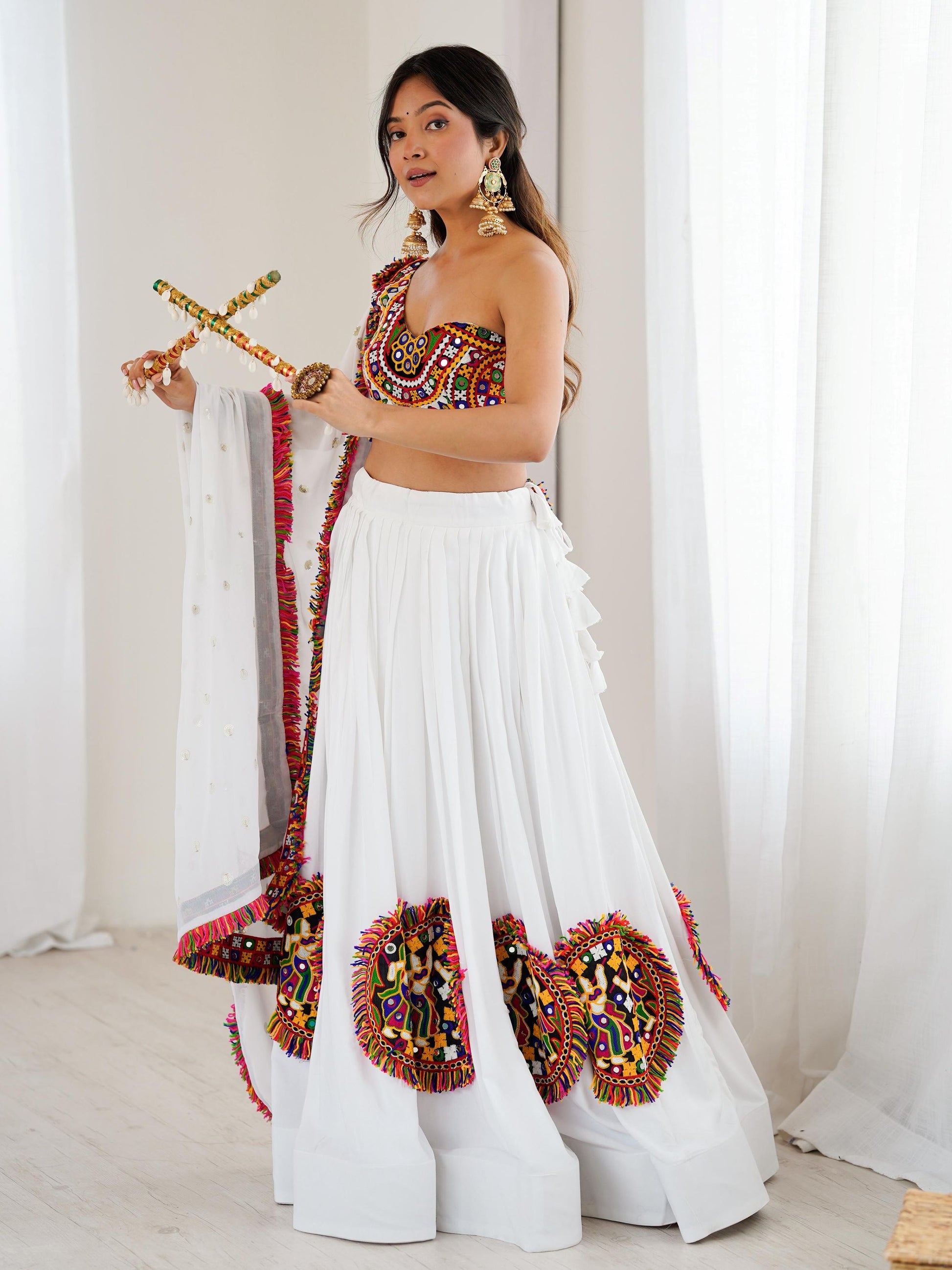 Pleasant White Gamthi Work Rayon Traditional Lehenga Choli With Dupatta