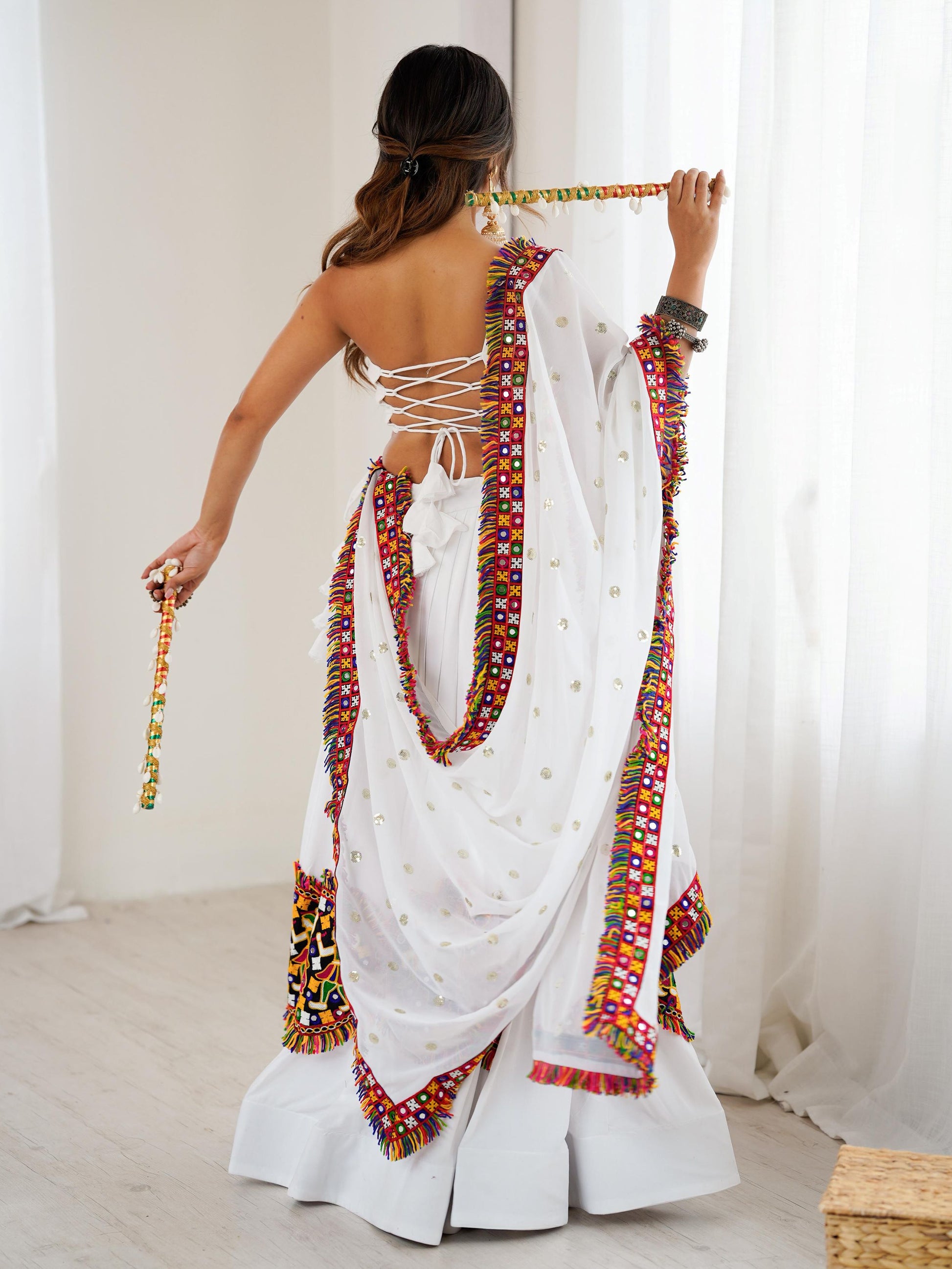 Pleasant White Gamthi Work Rayon Traditional Lehenga Choli With Dupatta