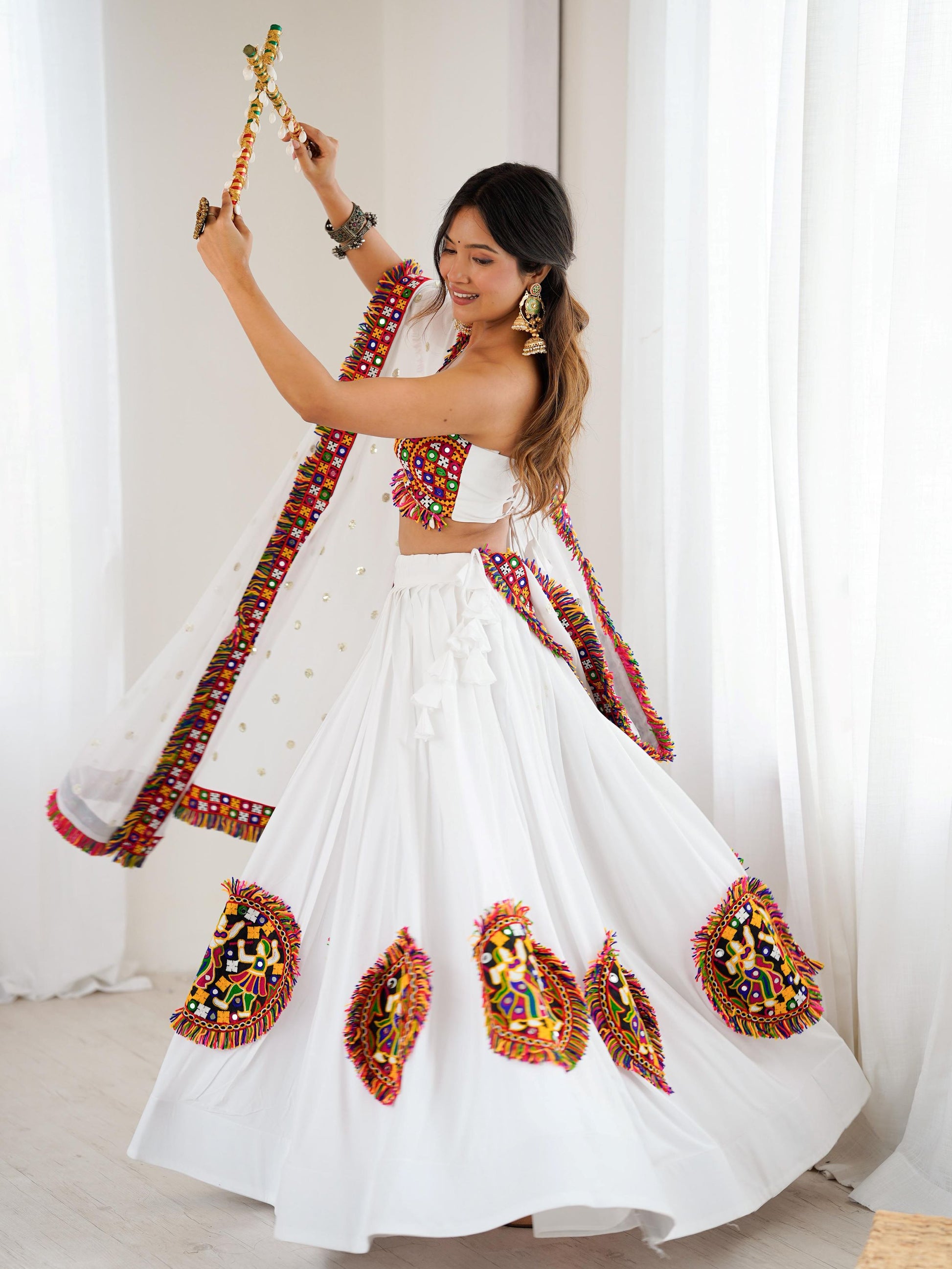 Pleasant White Gamthi Work Rayon Traditional Lehenga Choli With Dupatta