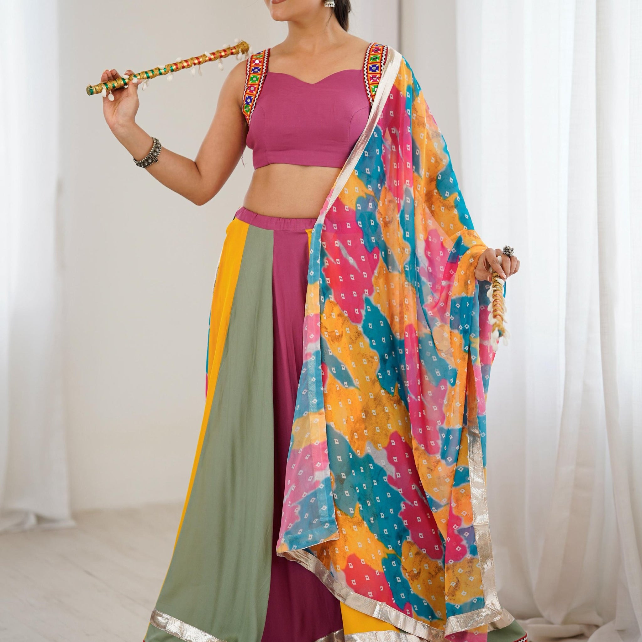 Noteworthy Multi-Color Gamthi Work Rayon Navratri Special Lehenga Choli