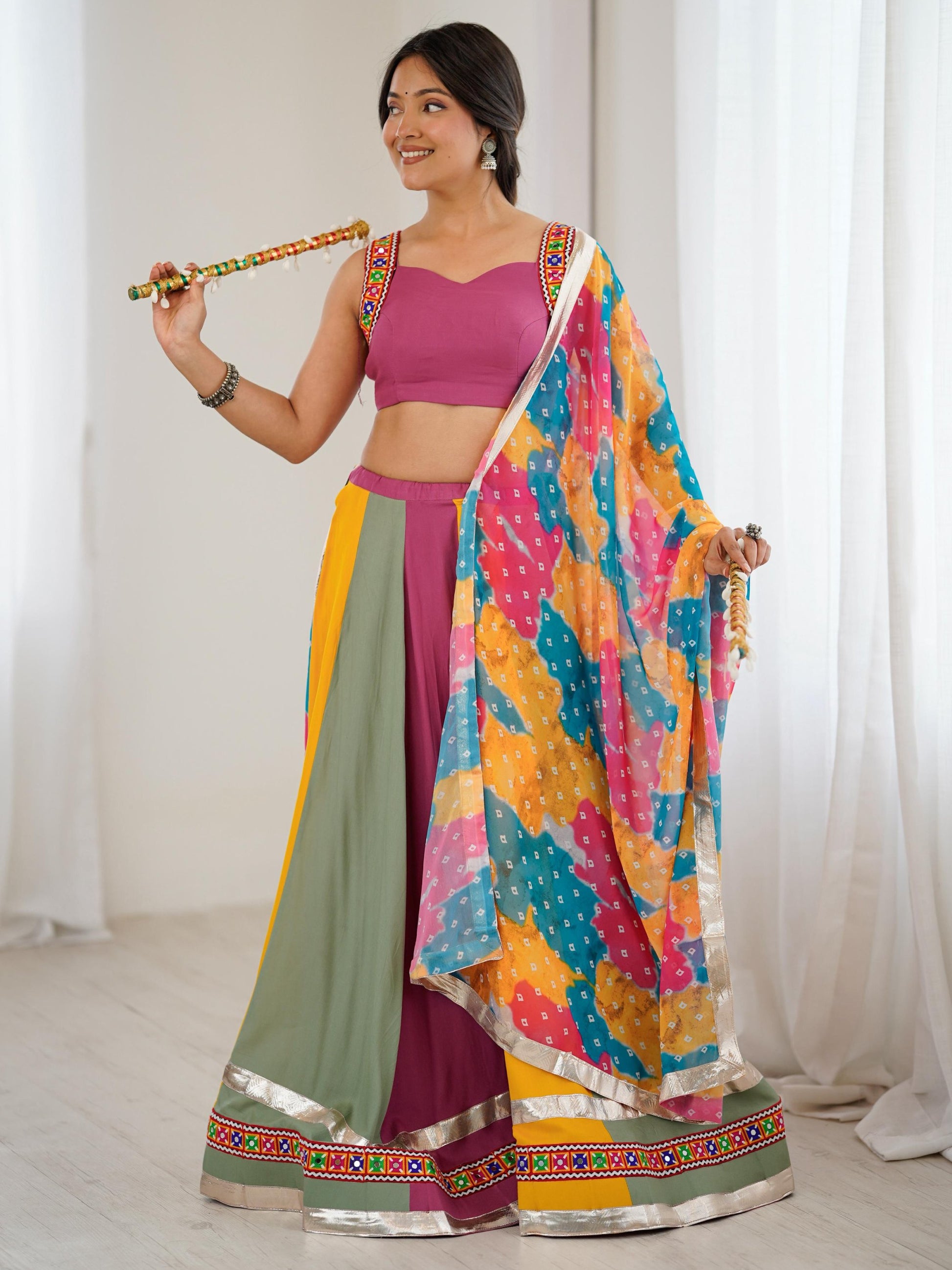 Noteworthy Multi-Color Gamthi Work Rayon Navratri Special Lehenga Choli