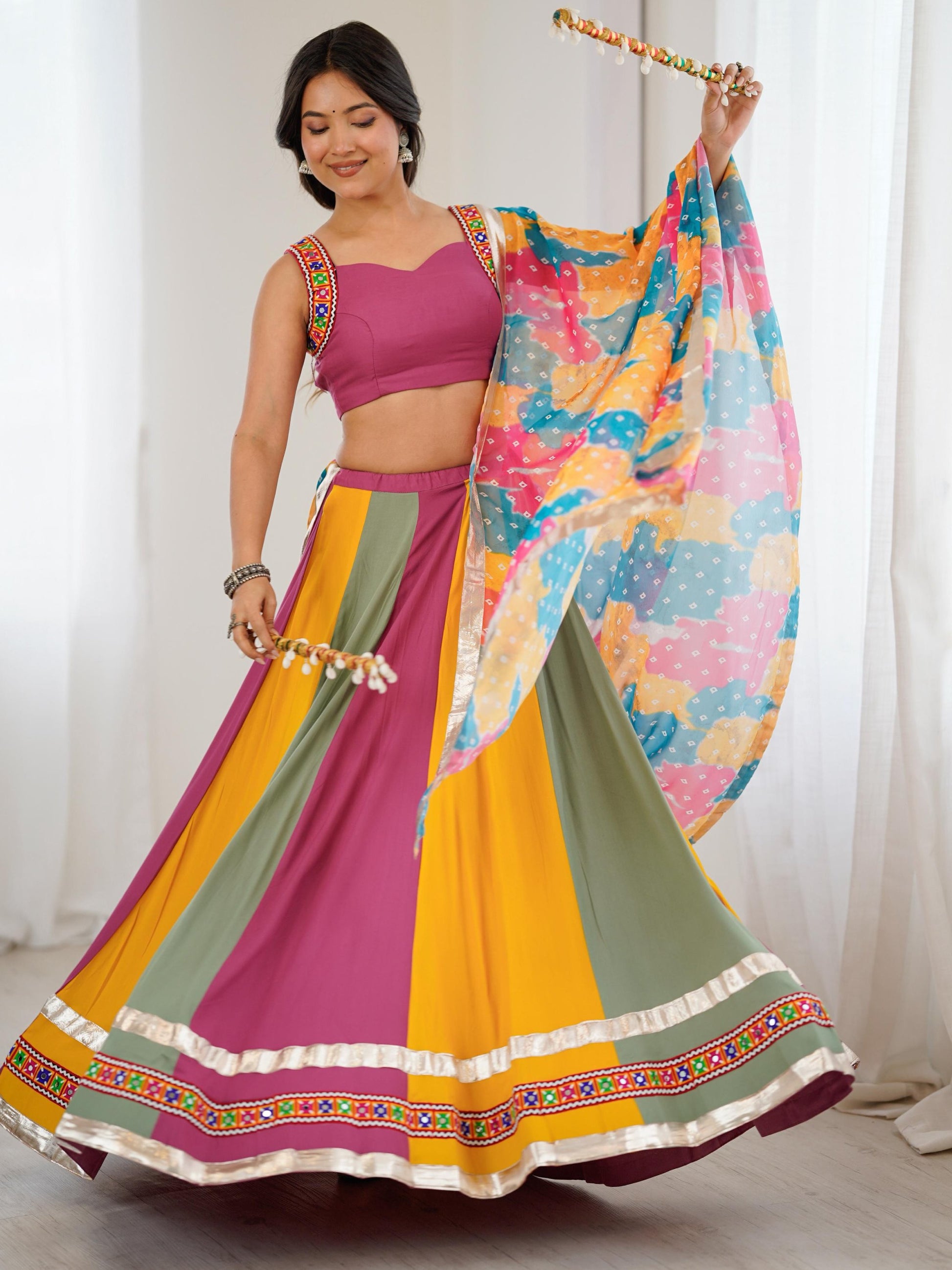 Noteworthy Multi-Color Gamthi Work Rayon Navratri Special Lehenga Choli