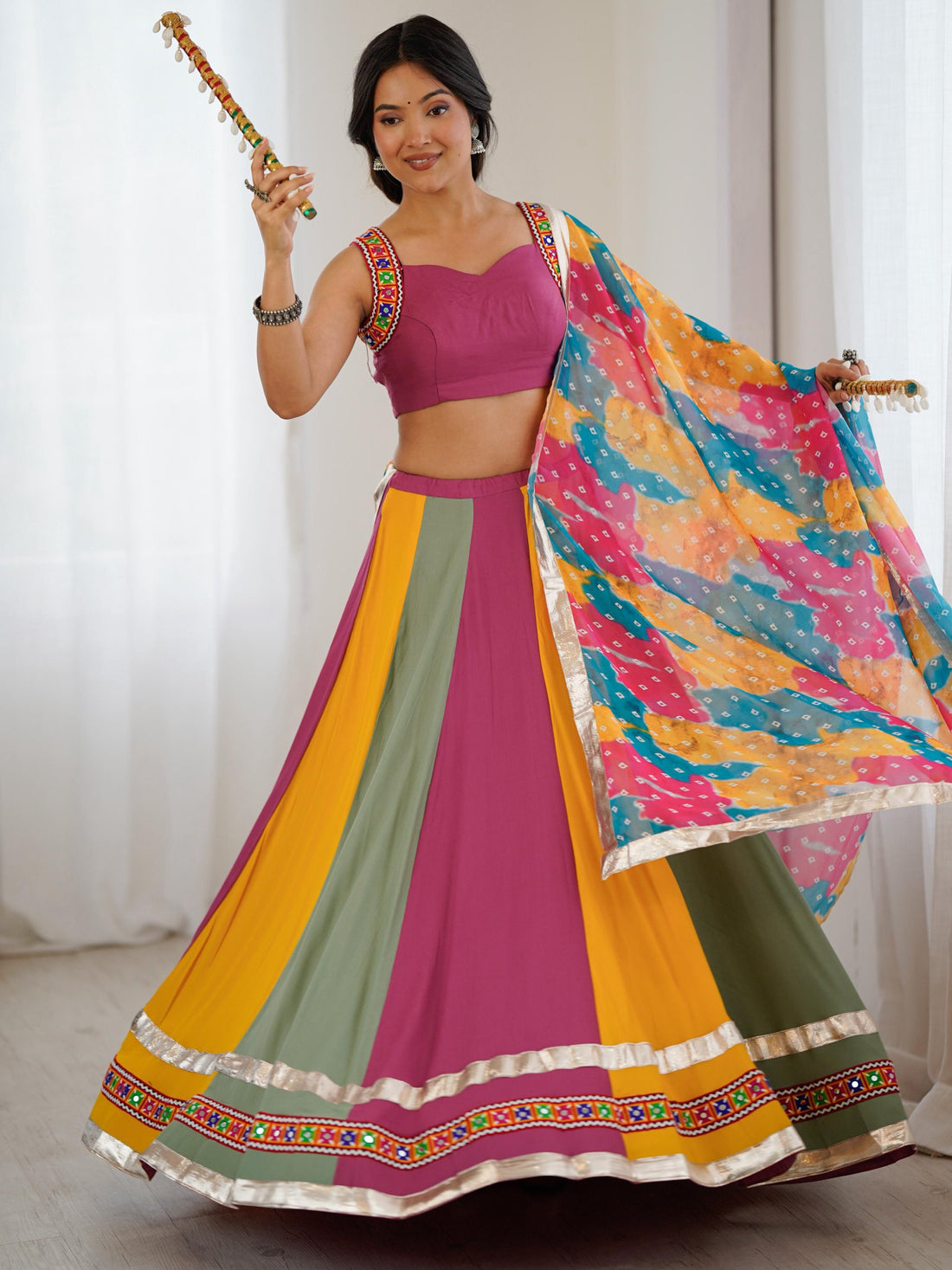 Noteworthy Multi-Color Gamthi Work Rayon Navratri Special Lehenga Choli