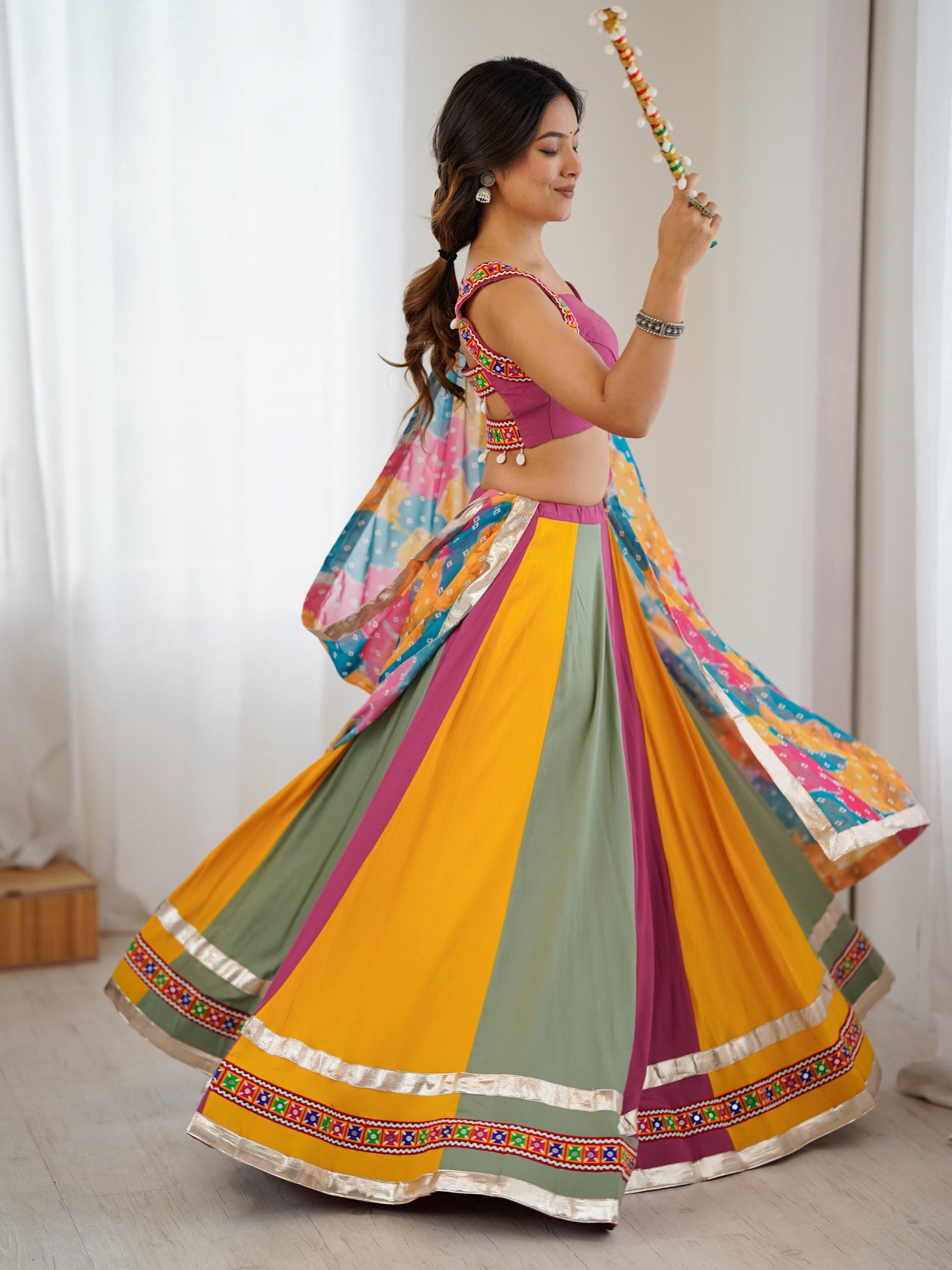 Noteworthy Multi-Color Gamthi Work Rayon Navratri Special Lehenga Choli