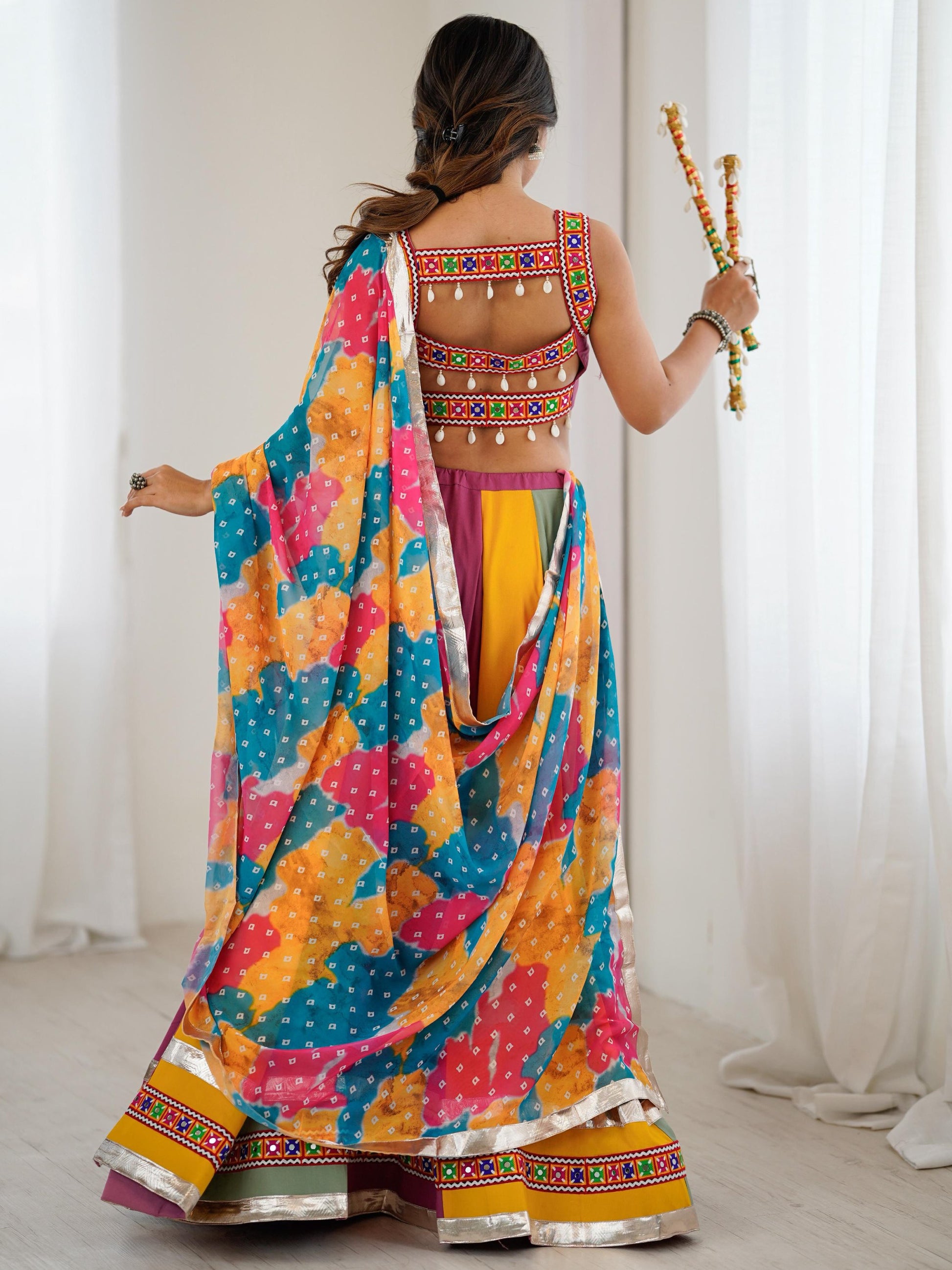 Noteworthy Multi-Color Gamthi Work Rayon Navratri Special Lehenga Choli