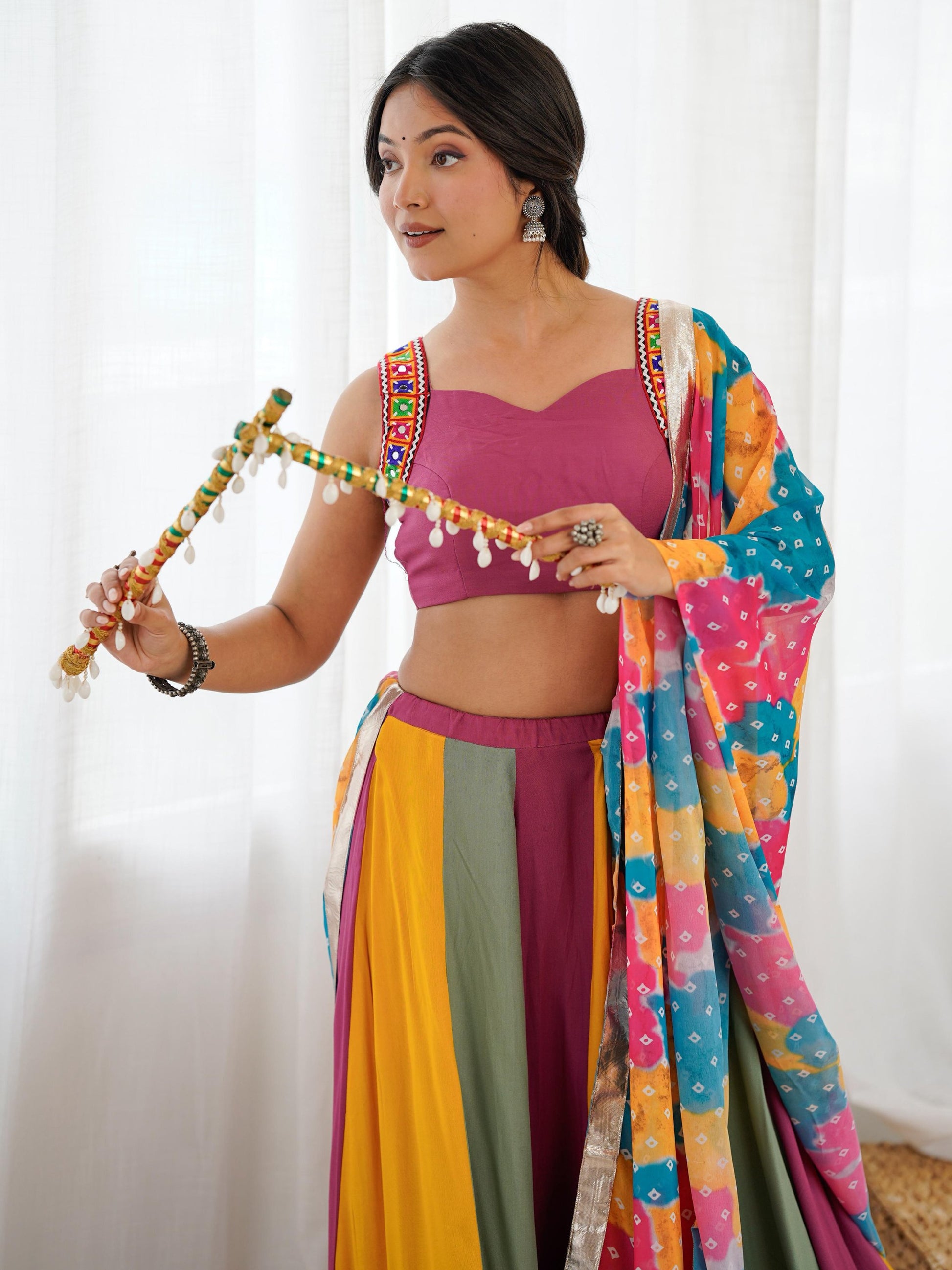 Noteworthy Multi-Color Gamthi Work Rayon Navratri Special Lehenga Choli