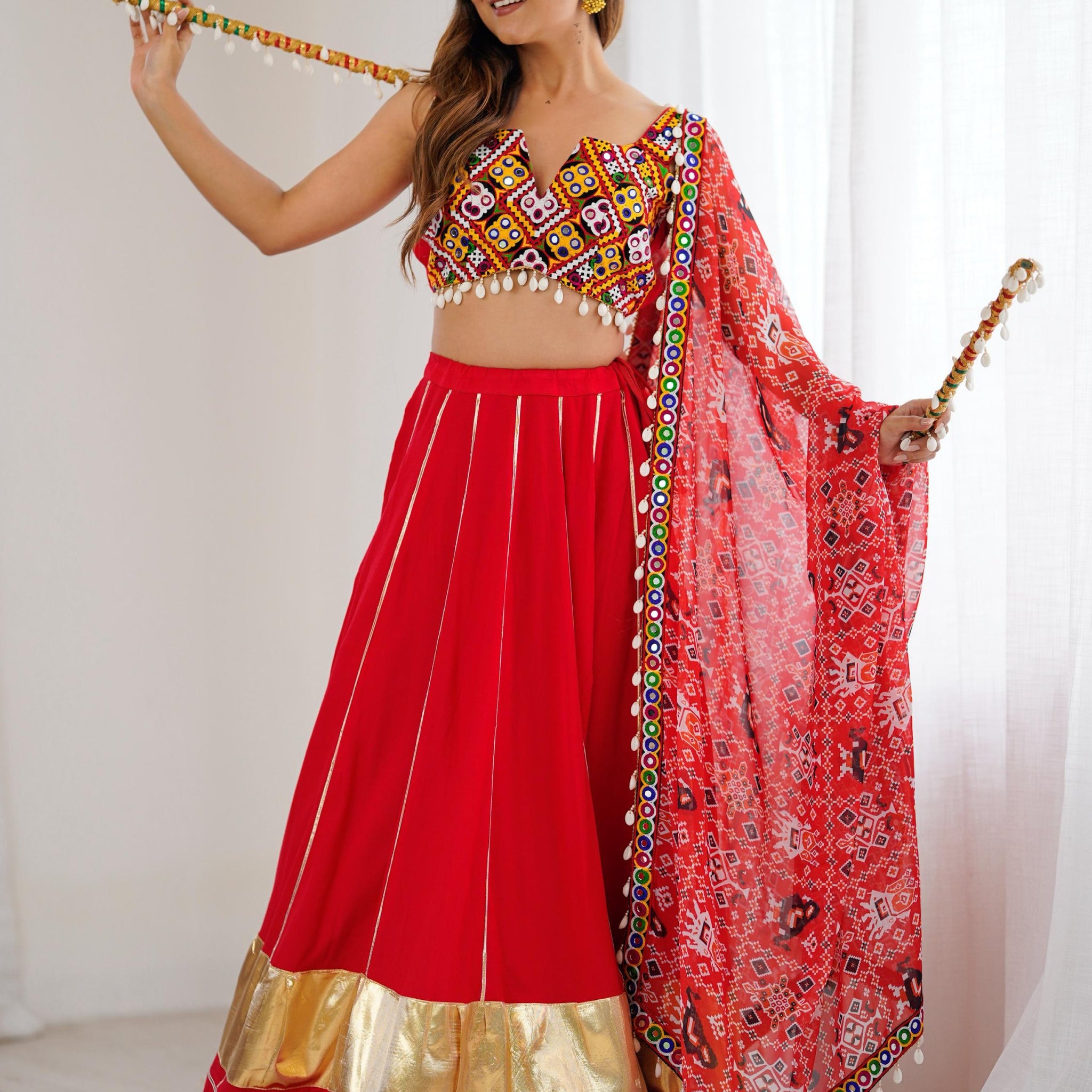 Lavish Red Rayon Navratri Special Lehenga With Gamthi Work Choli