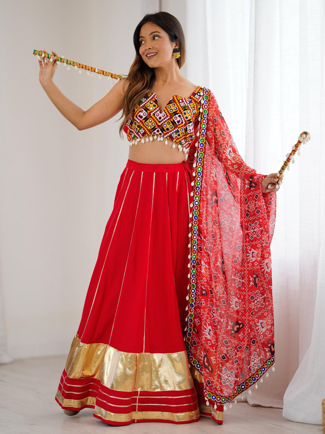 Lavish Red Rayon Navratri Special Lehenga With Gamthi Work Choli