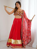 Lavish Red Rayon Navratri Special Lehenga With Gamthi Work Choli