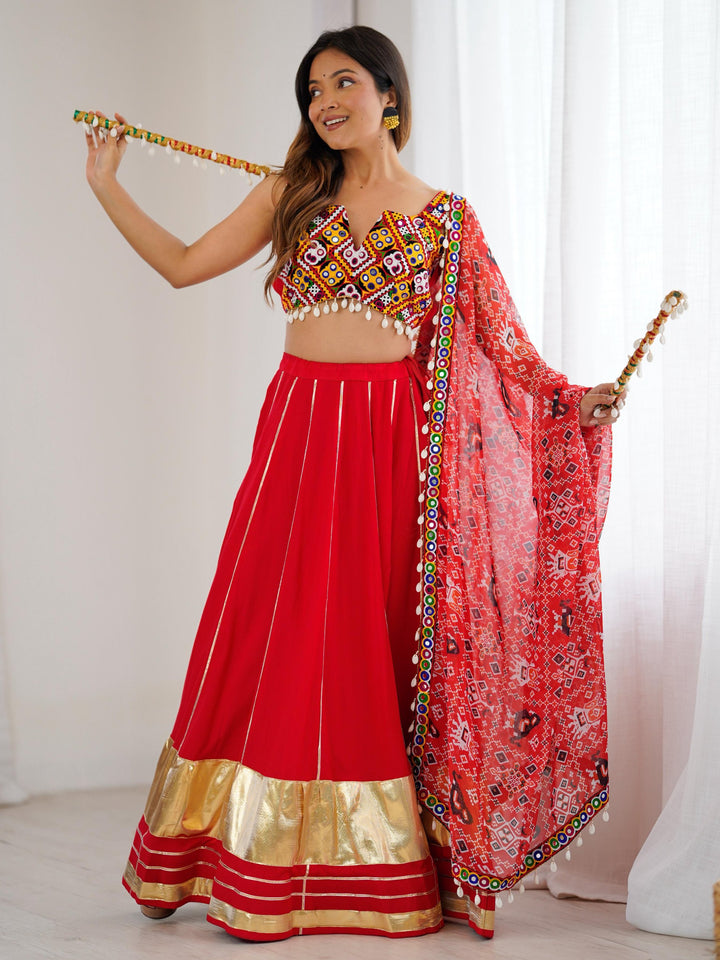 Lavish Red Rayon Navratri Special Lehenga With Gamthi Work Choli
