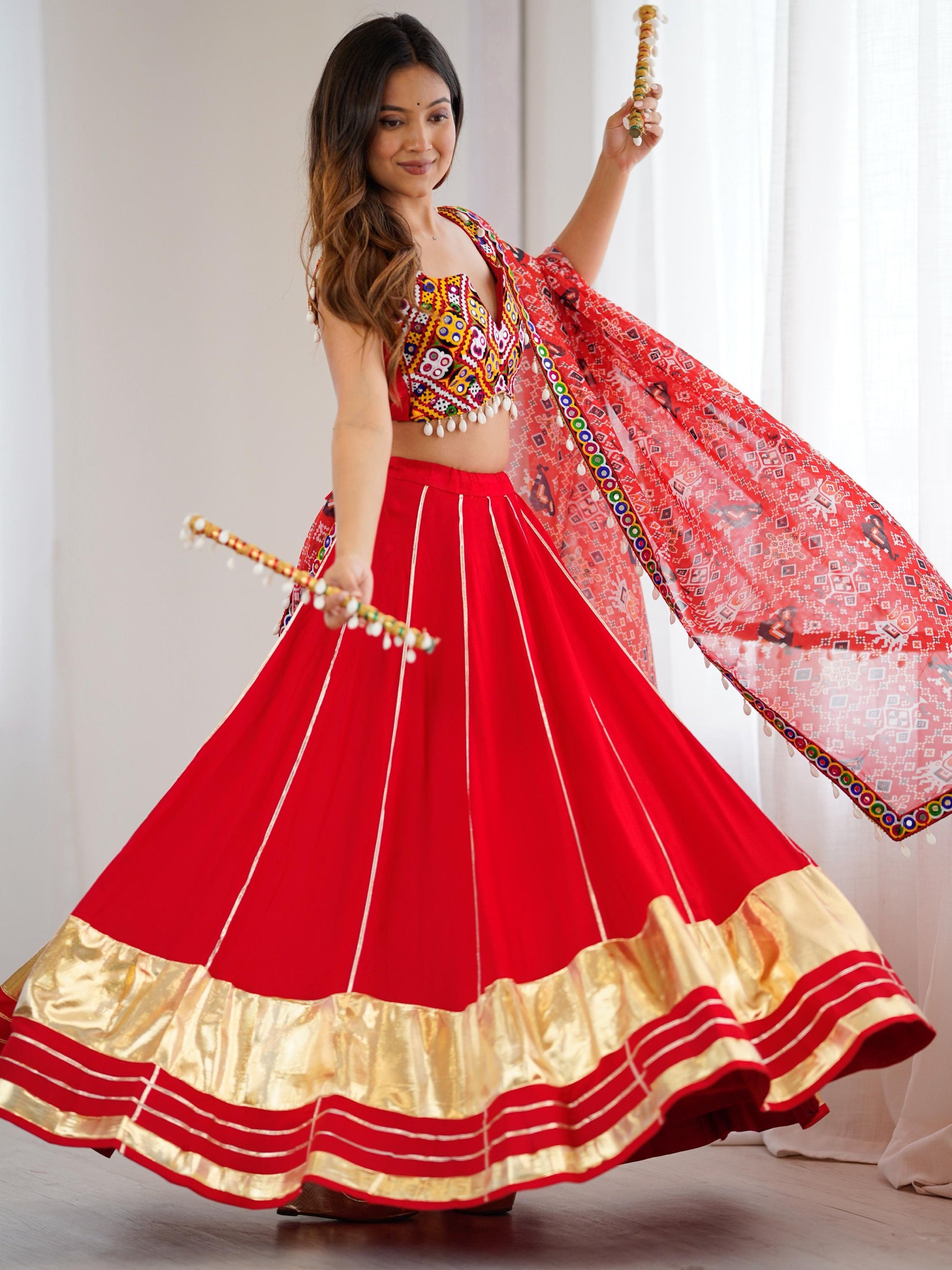 Lavish Red Rayon Navratri Special Lehenga With Gamthi Work Choli