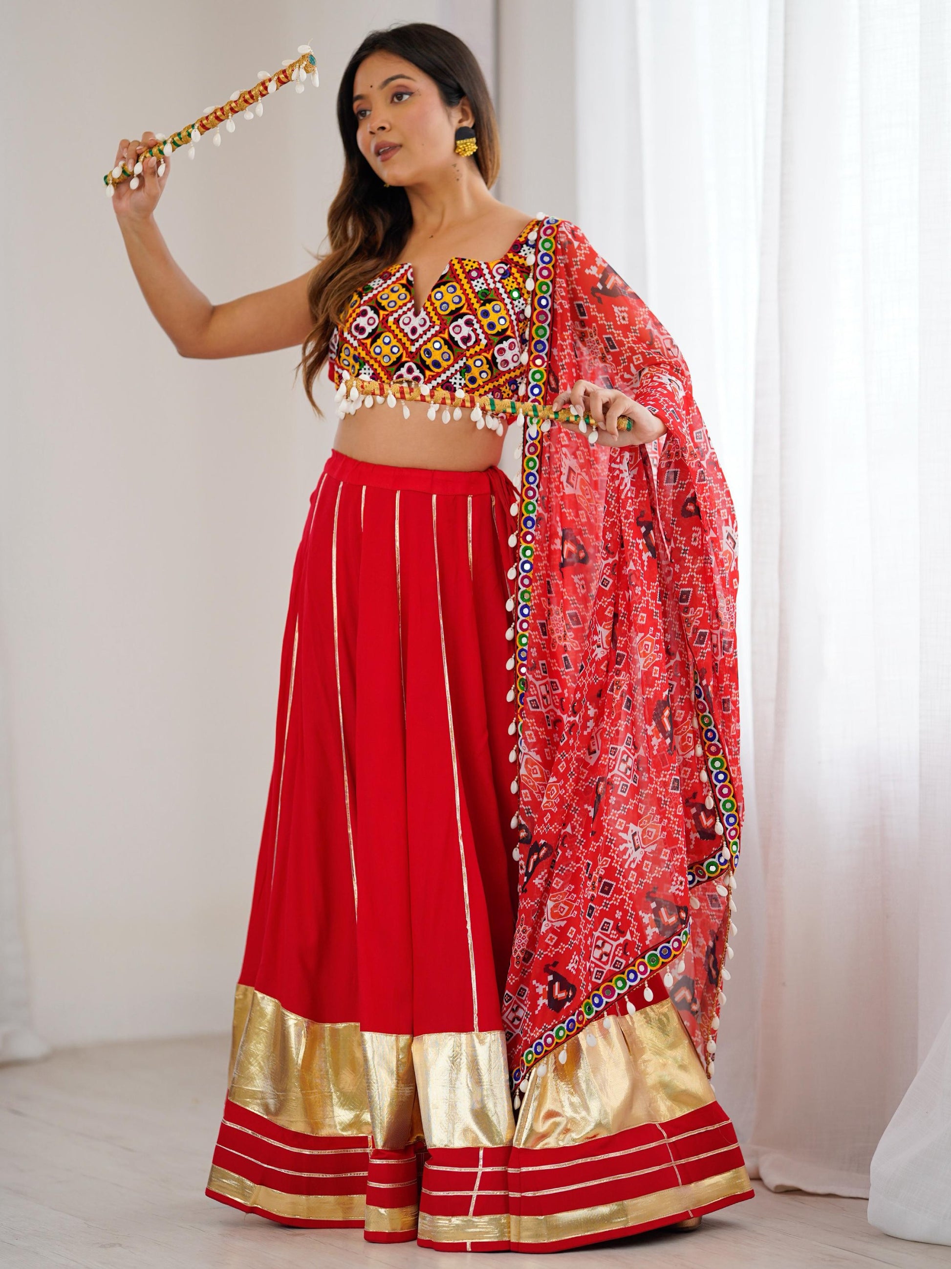 Lavish Red Rayon Navratri Special Lehenga With Gamthi Work Choli