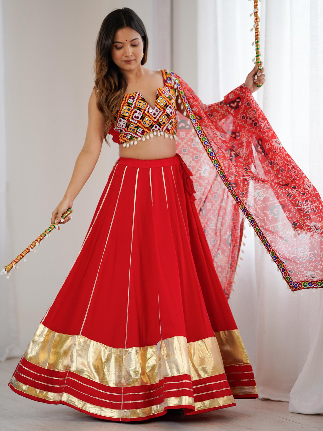 Lavish Red Rayon Navratri Special Lehenga With Gamthi Work Choli
