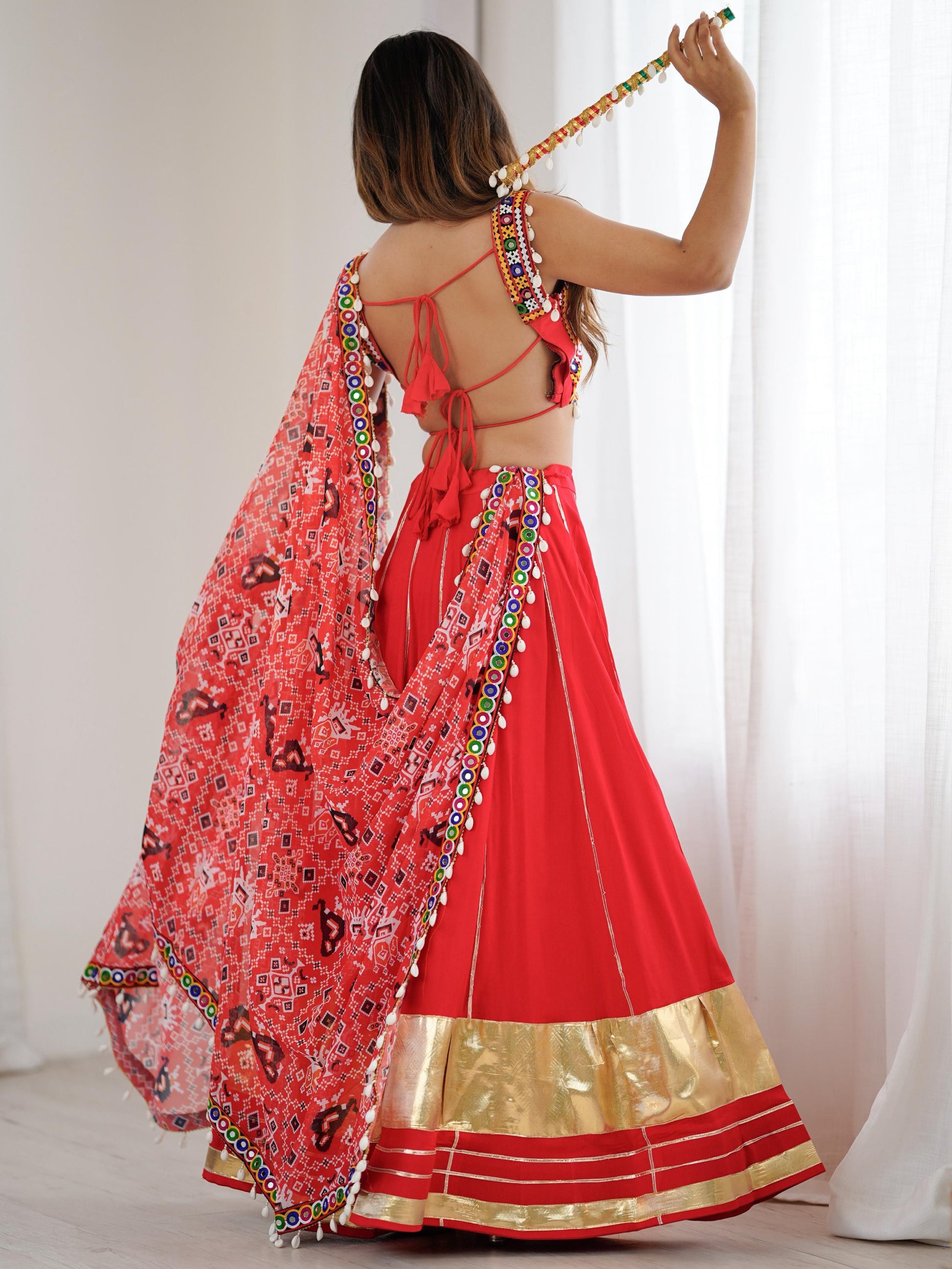 Lavish Red Rayon Navratri Special Lehenga With Gamthi Work Choli