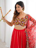 Lavish Red Rayon Navratri Special Lehenga With Gamthi Work Choli