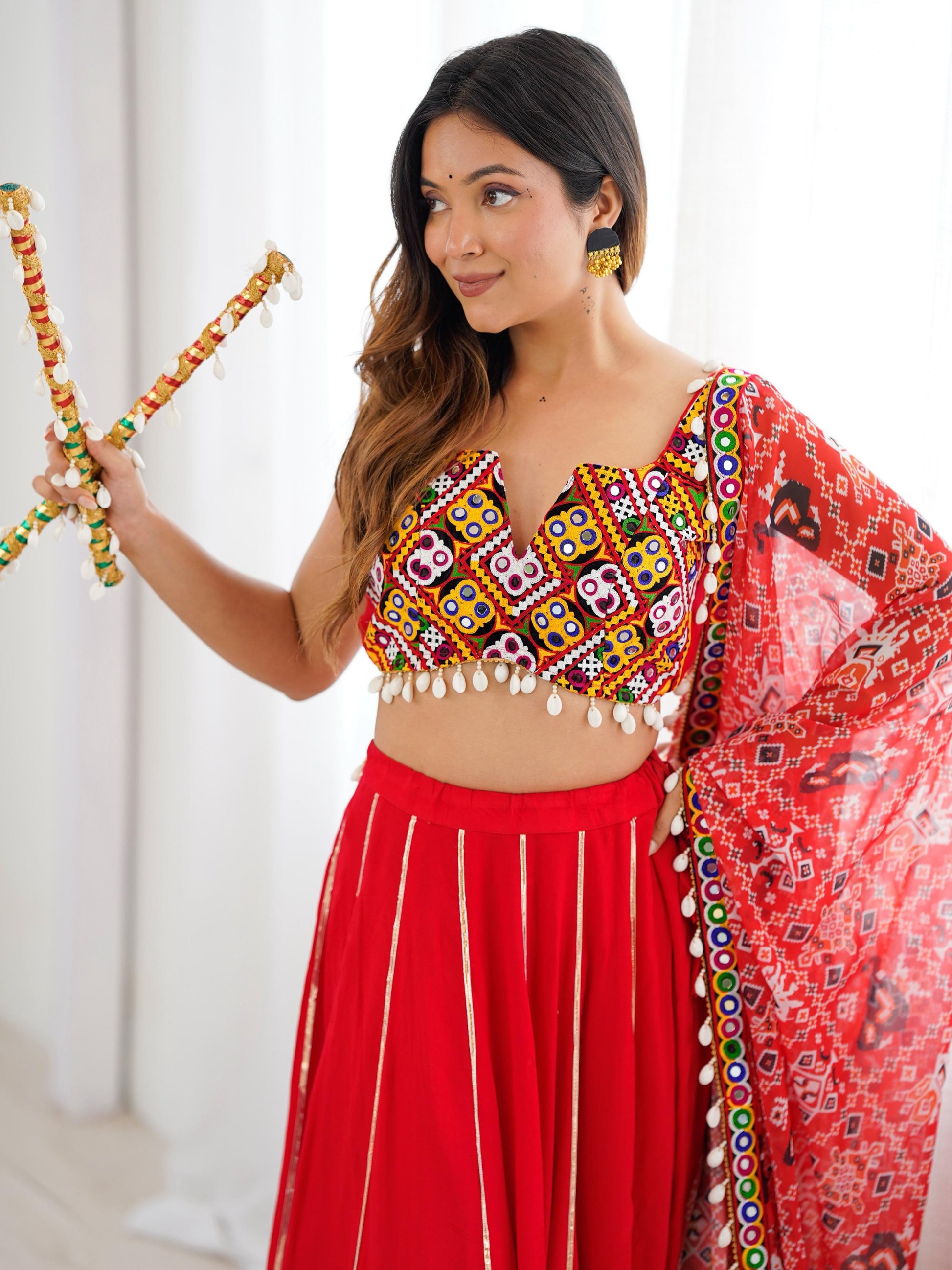 Lavish Red Rayon Navratri Special Lehenga With Gamthi Work Choli