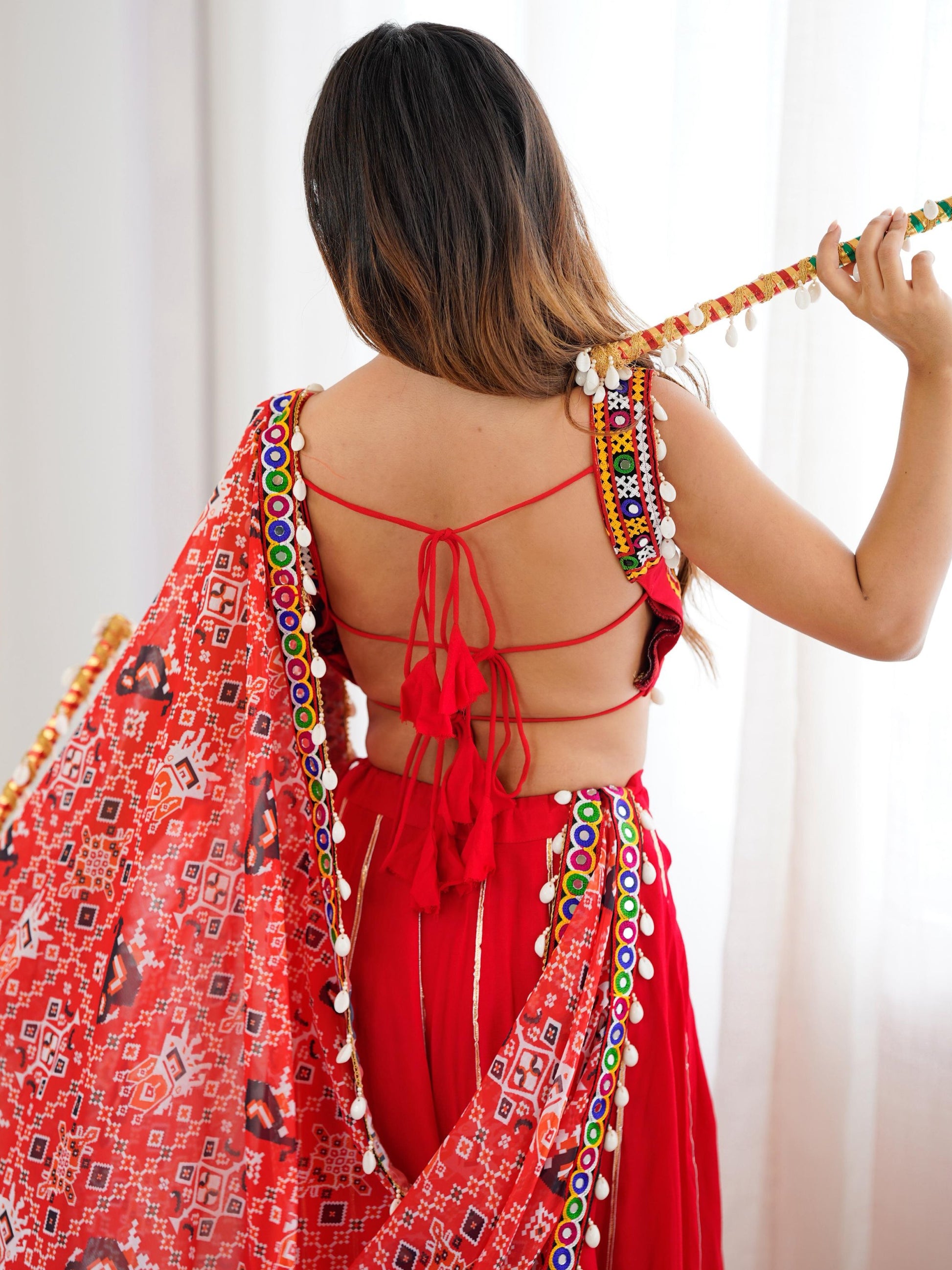 Lavish Red Rayon Navratri Special Lehenga With Gamthi Work Choli